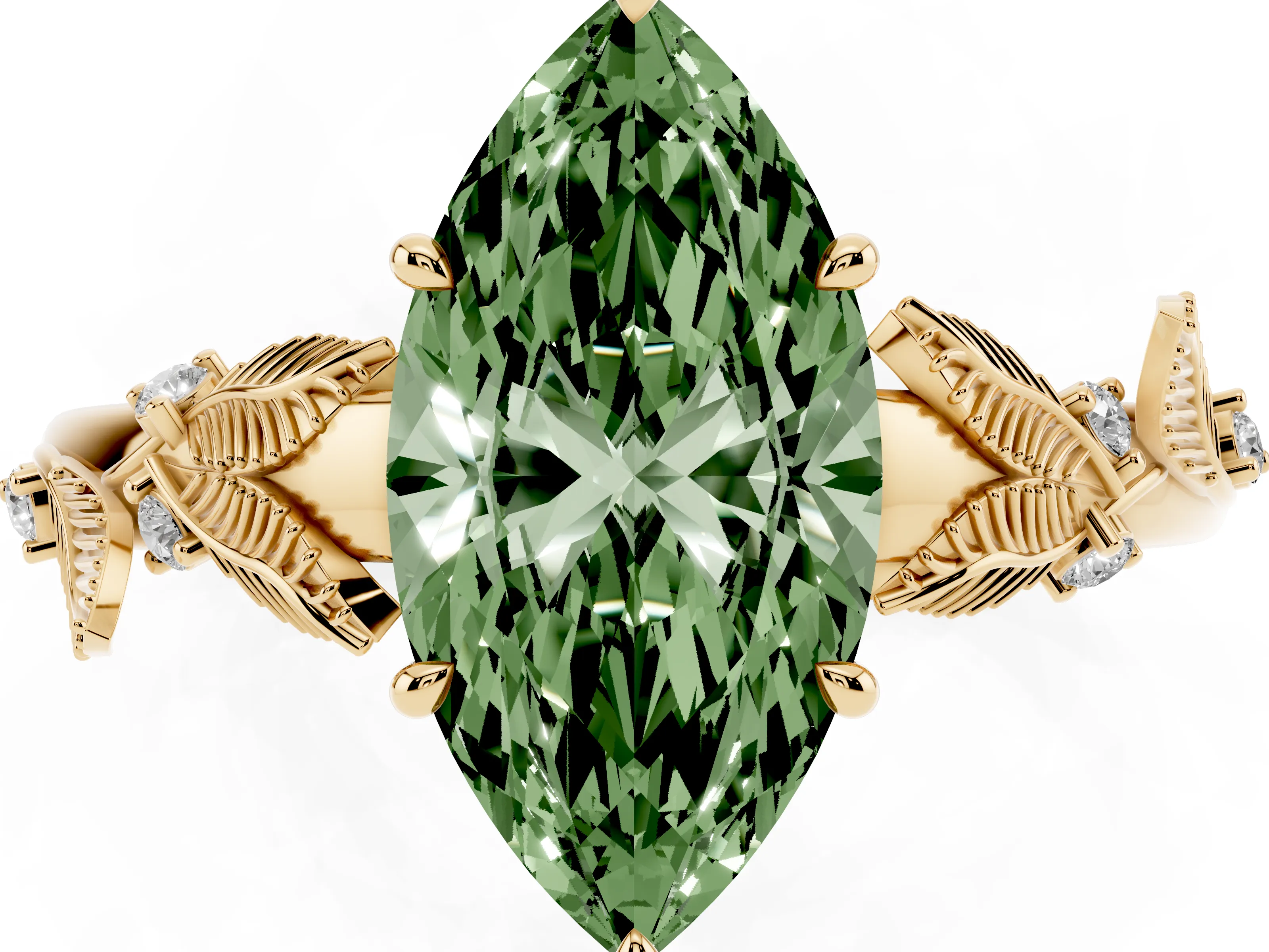 Fancy Green Marquise Cut Diamond Solitaire Ring Set in Yellow gold with Leaf Motif Band
