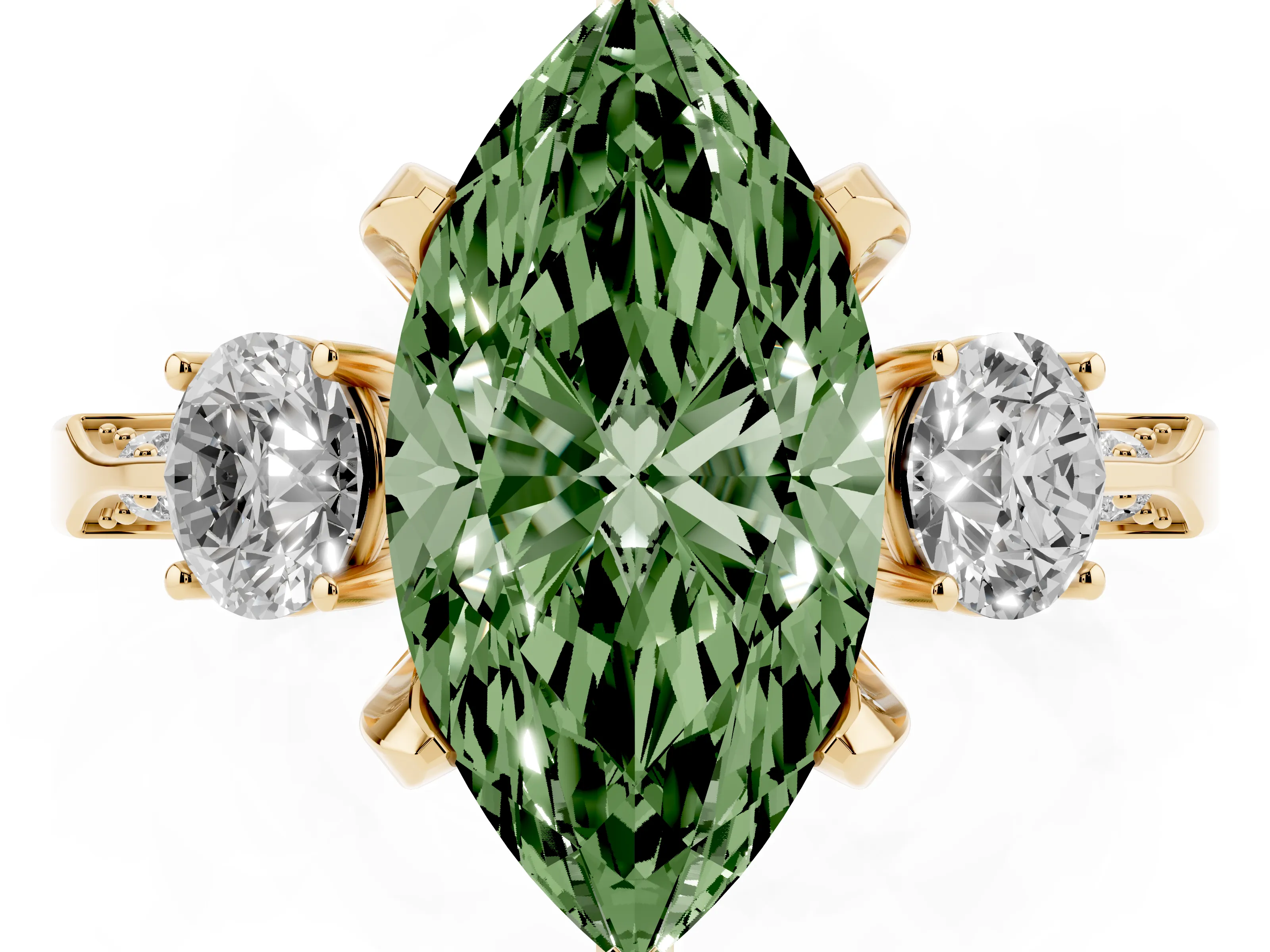 Fancy Green Marquise Cut Diamond Three-Stone Ring Set in Yellow gold with Pavé Band and Smaller Side Stones