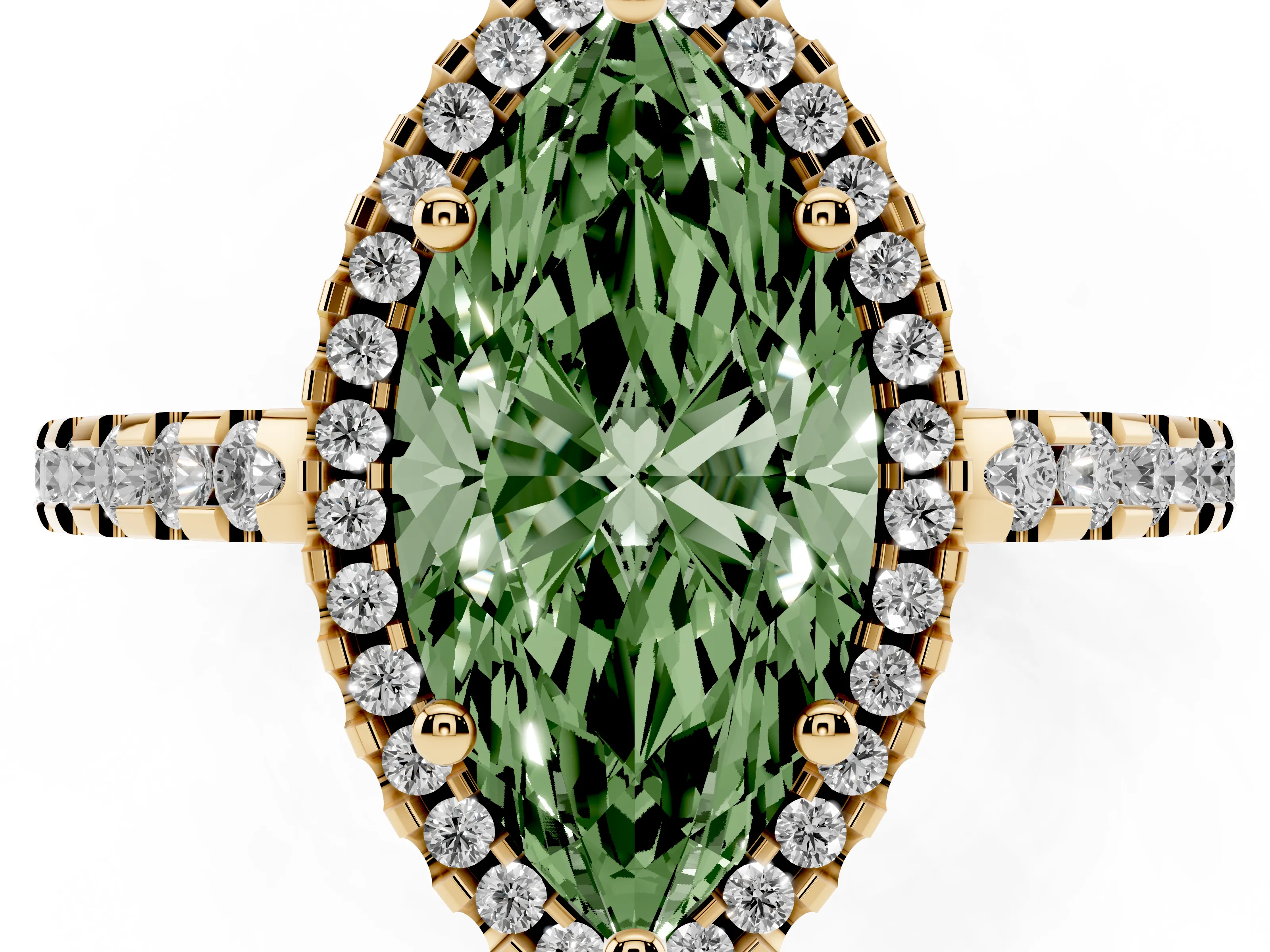 Fancy Green Marquise Cut Diamond Halo Ring Set in Yellow gold with Pavé Shoulders and Halo-Framed Center