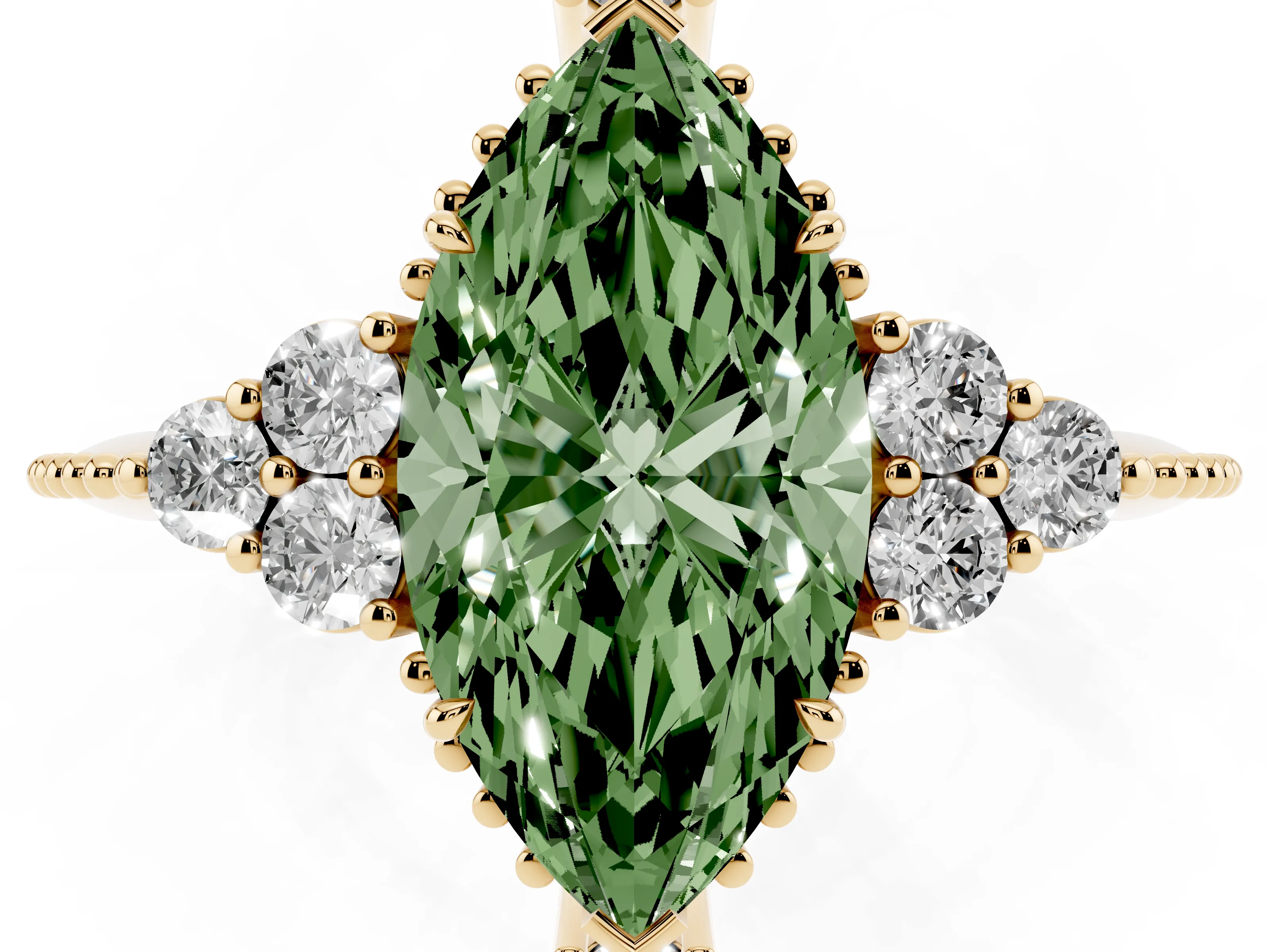Fancy Green Marquise Cut Diamond Cluster Ring Set in Yellow gold with Beaded Band
