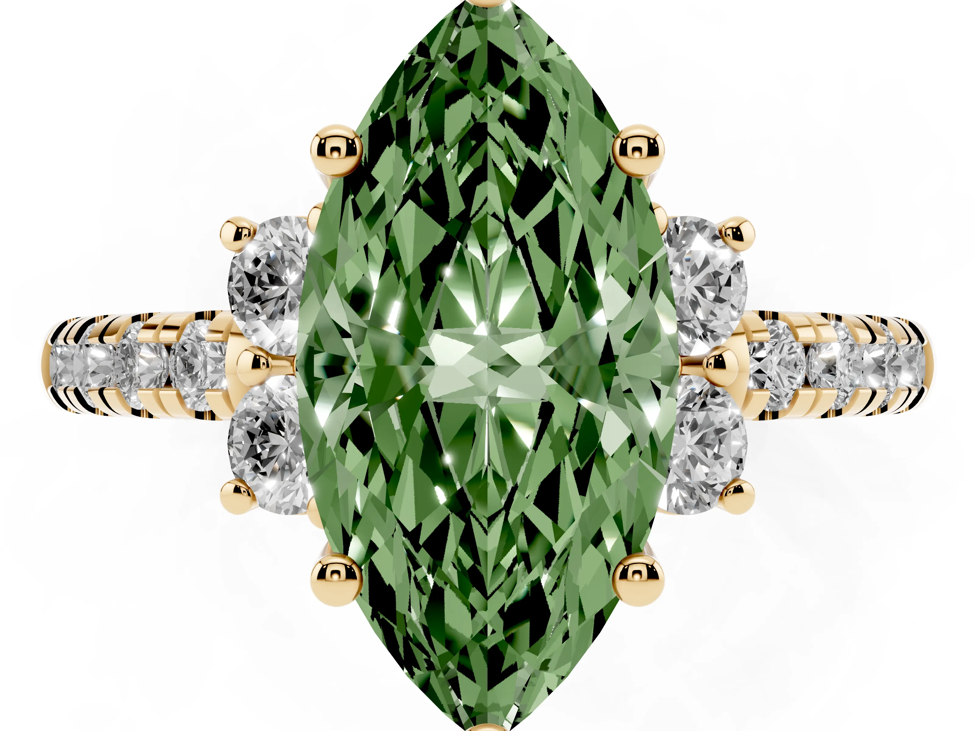 Fancy Green Marquise Cut Diamond Three-Stone Pavé Ring Set in Yellow gold with Prong Setting