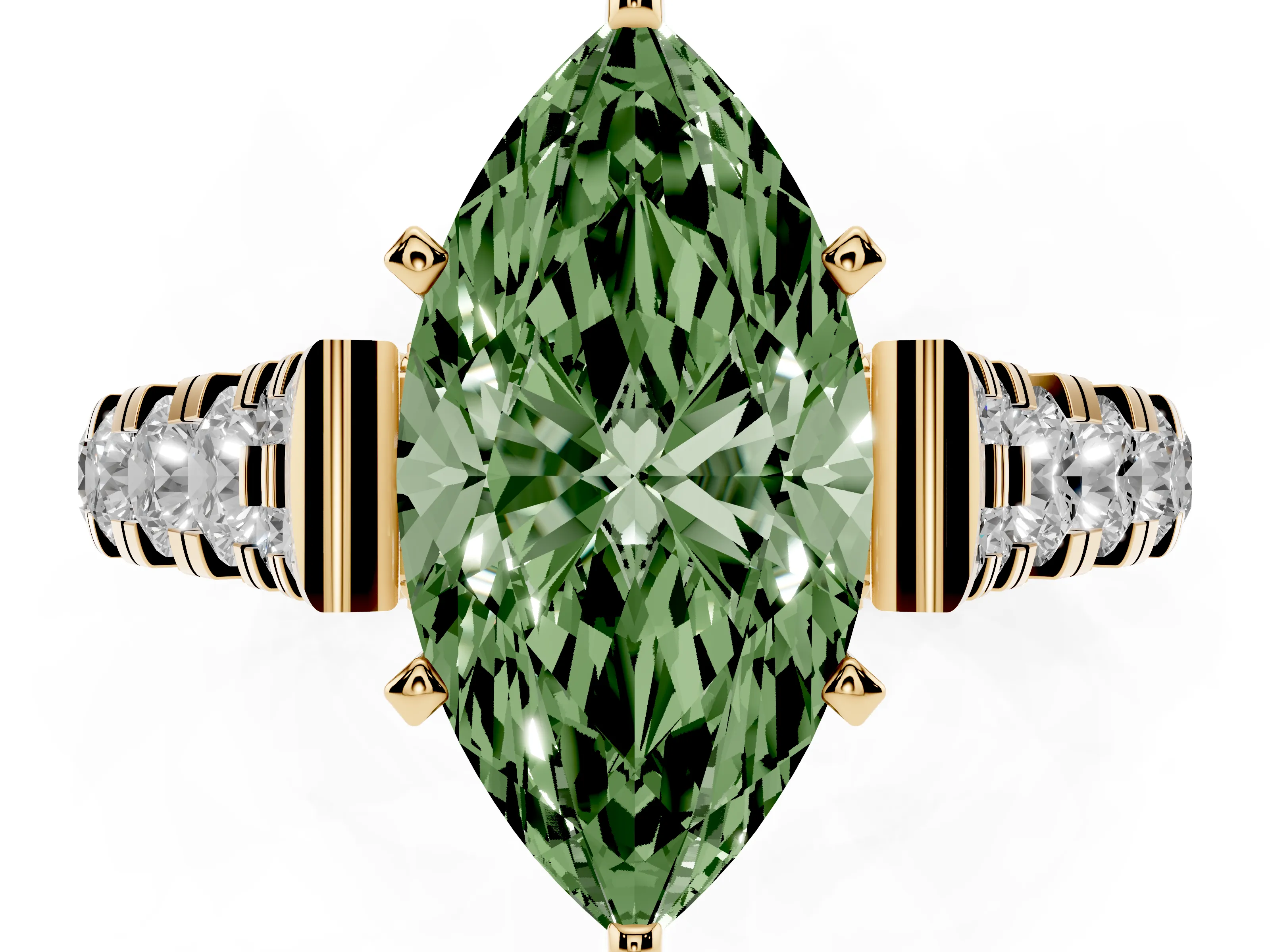 Fancy Green Marquise Cut Diamond Classic Solitaire Ring Set in Yellow gold with Pavé Band and Prong Setting