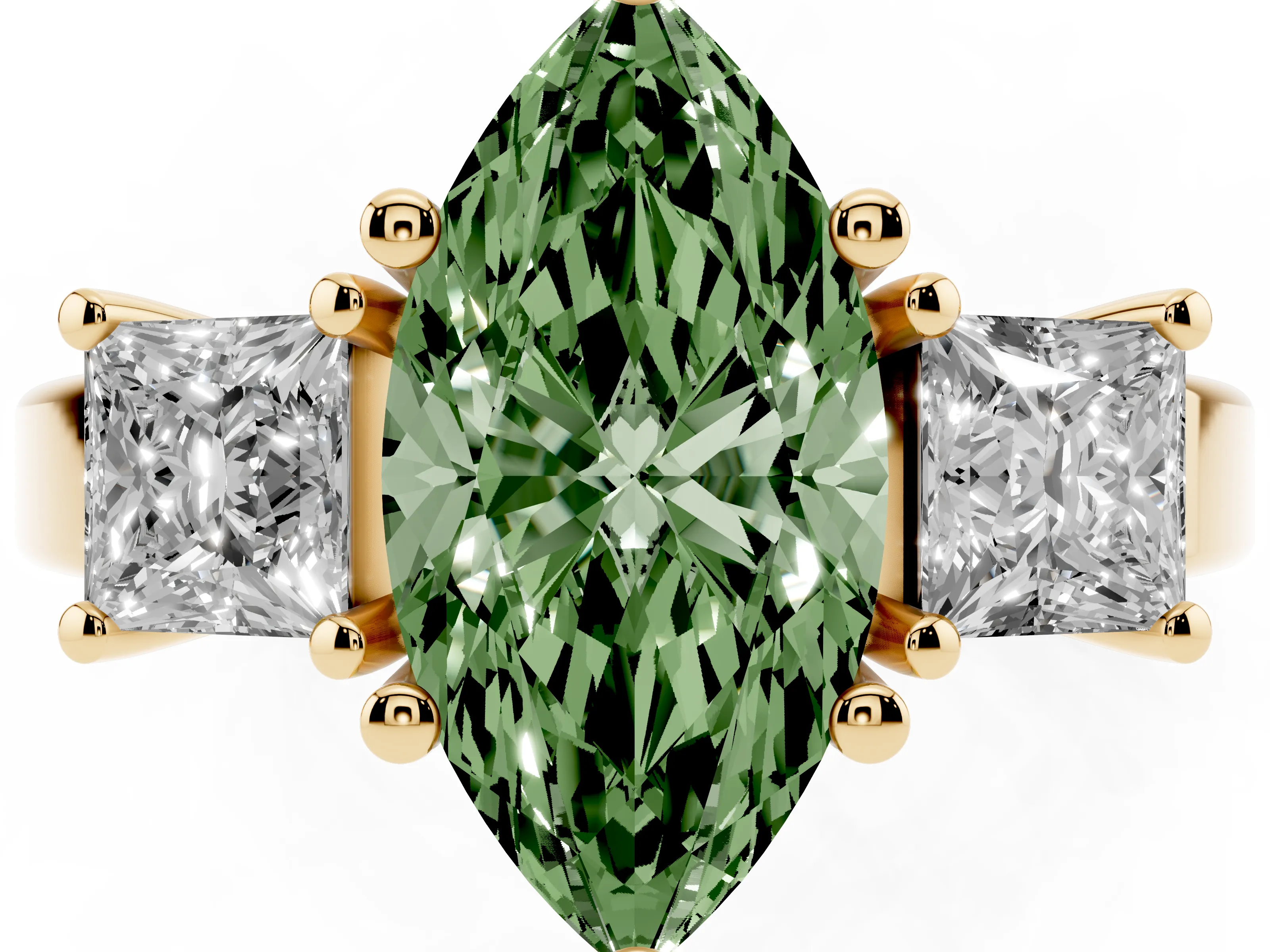 Fancy Green Three-Stone Marquise Cut Diamond Solitaire Ring Set in Yellow gold with Prong Setting