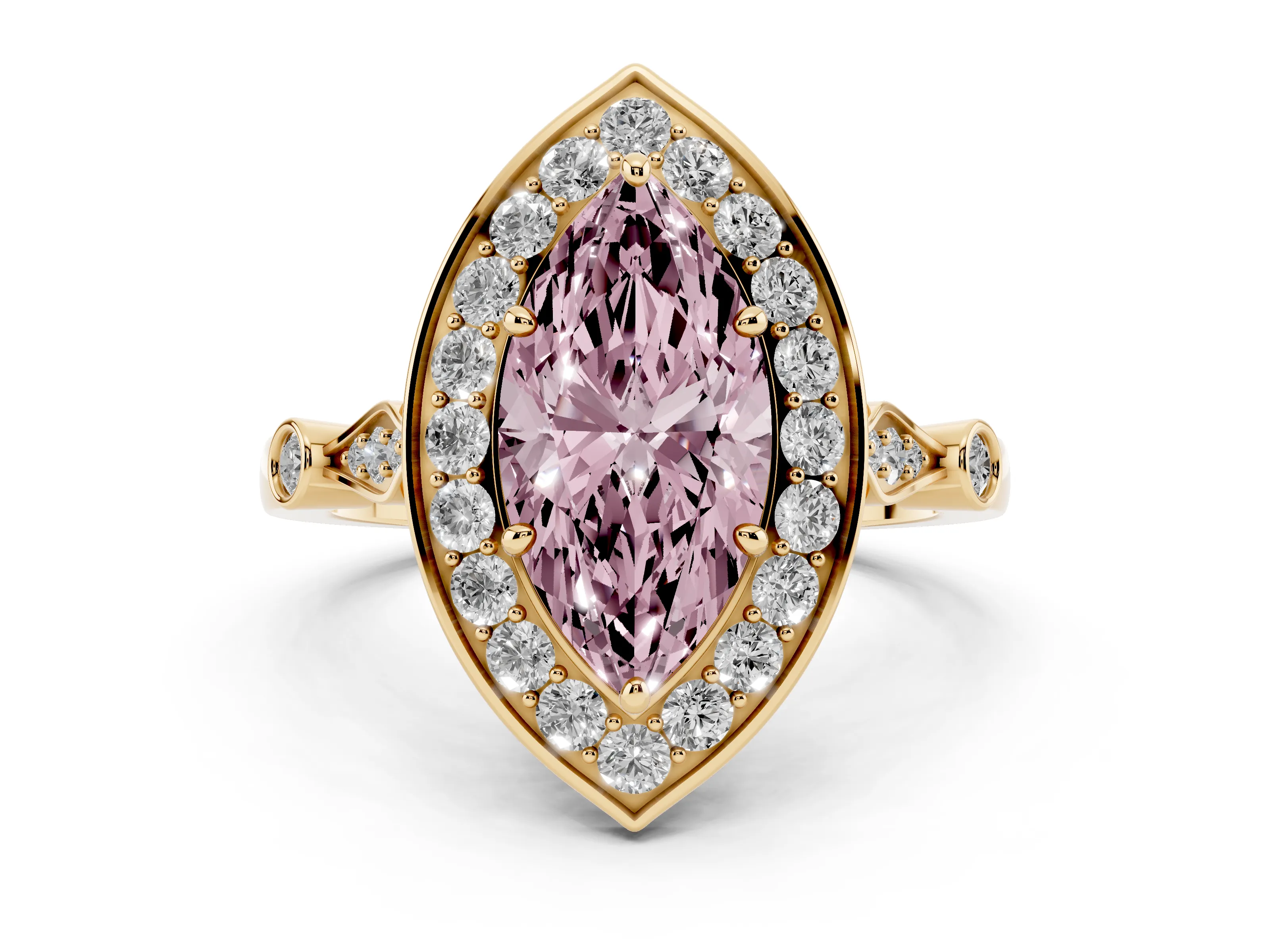 Fancy Pink Marquise Cut Diamond Halo Engagement Ring Set in Yellow gold with Twisted Band and Prong Setting