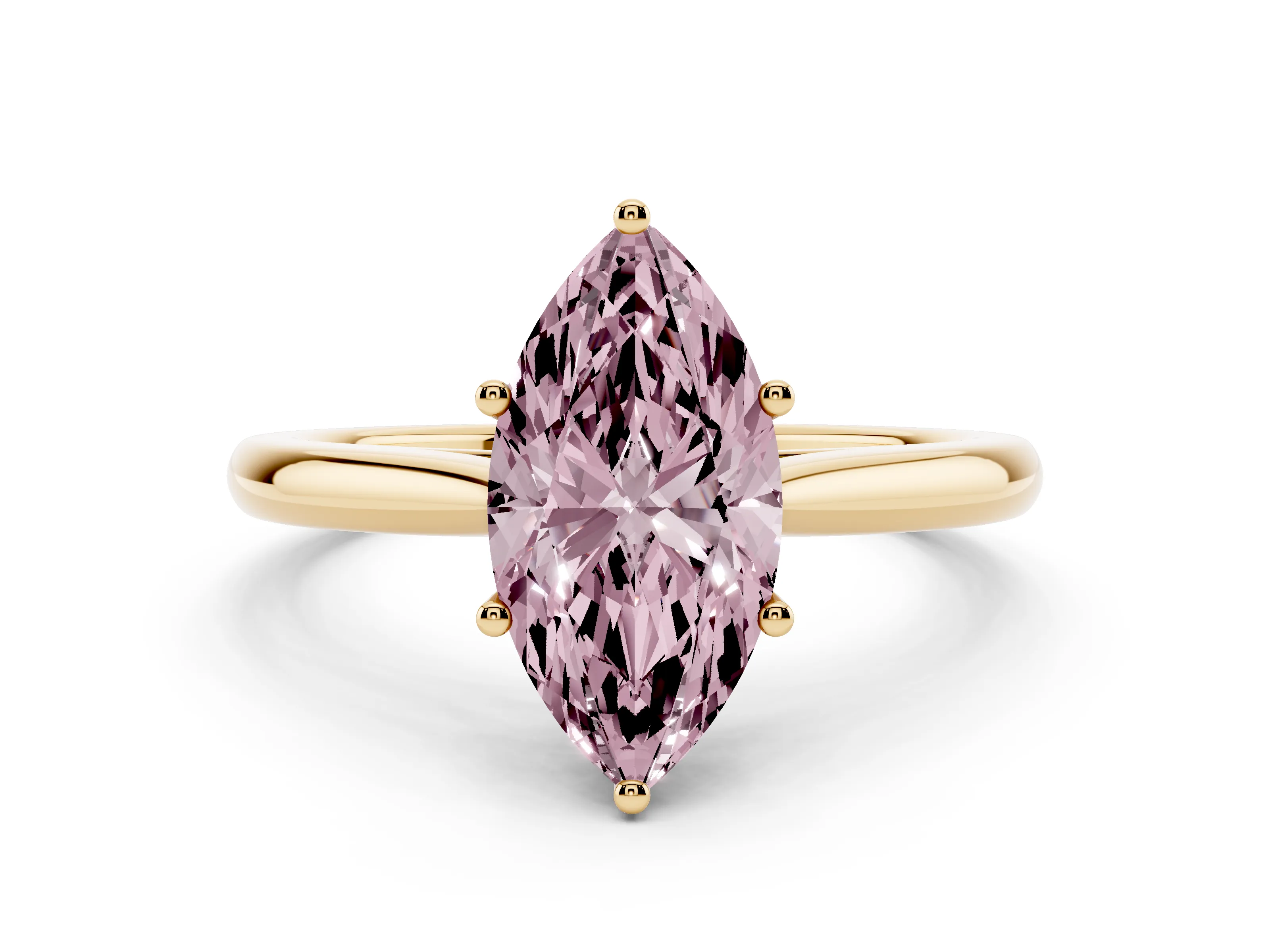 Fancy Pink Marquise Cut Diamond Solitaire Ring Set in Yellow gold with Cathedral Band and Prong Setting