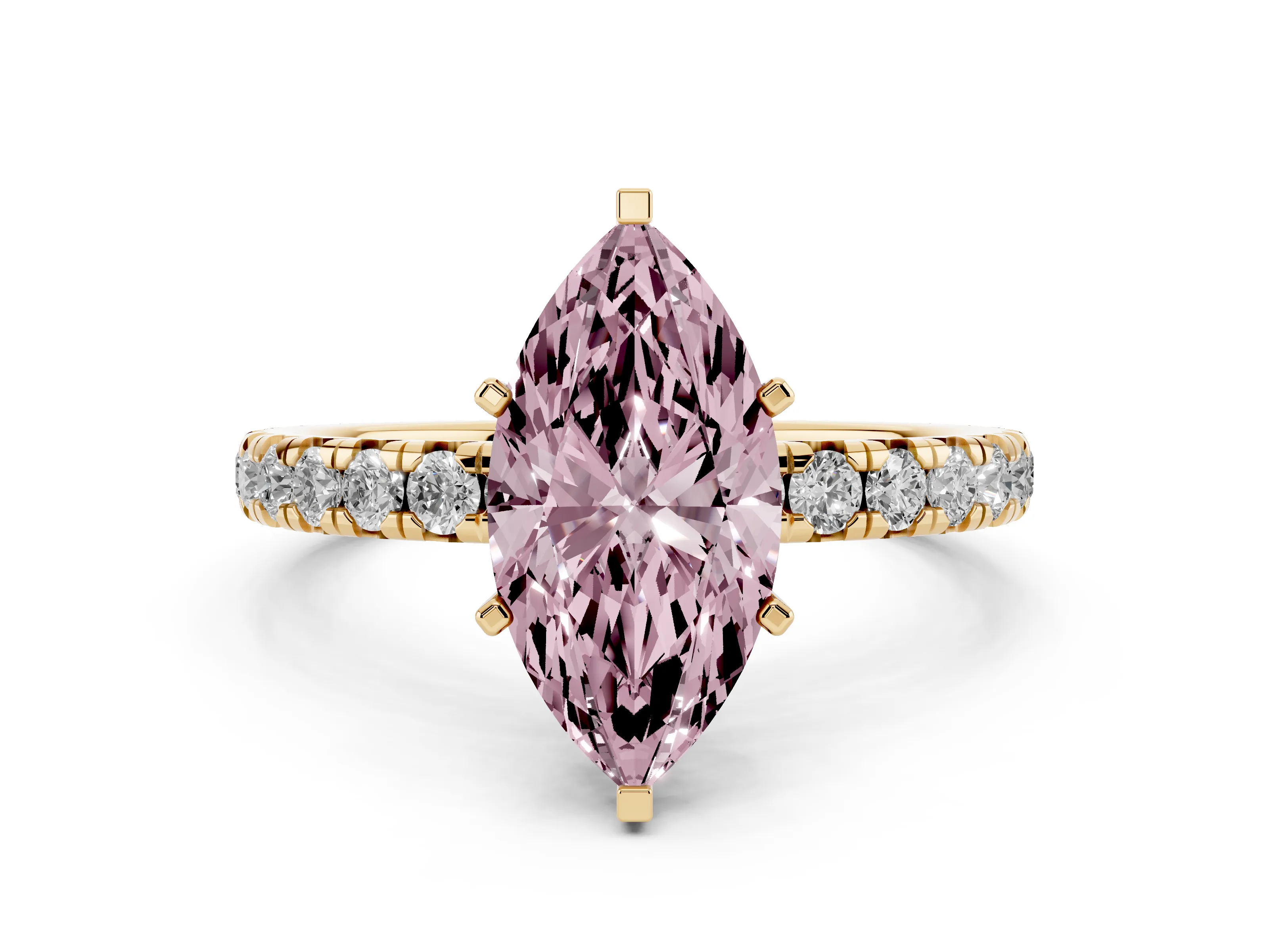 Fancy Pink Marquise Cut Diamond Pavé Solitaire Ring Set in Yellow gold with Round Band and Prong Setting