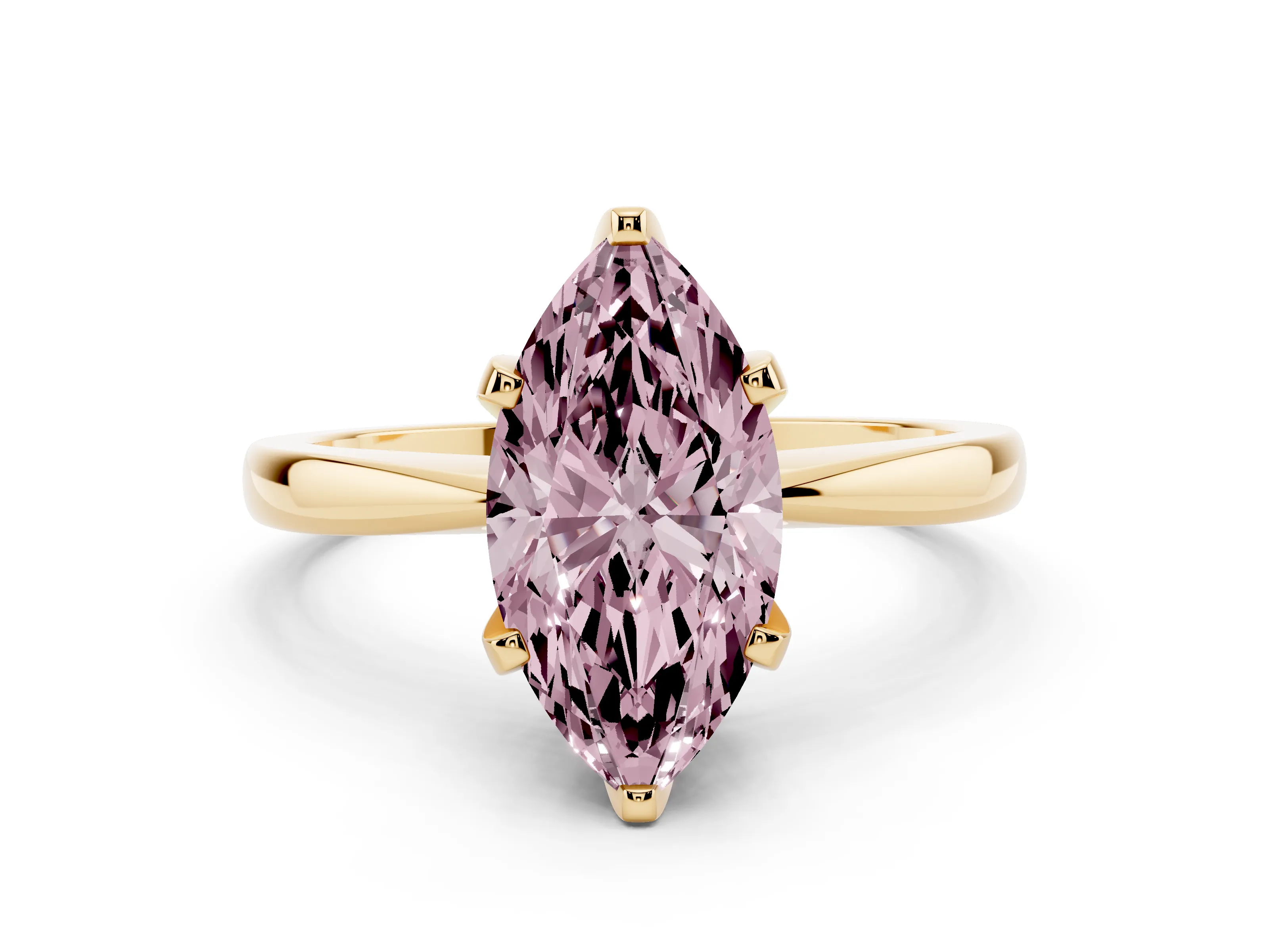 Fancy Pink Marquise Cut Diamond Solitaire Engagement Ring Set in Yellow gold with Slim Tapered Solitaire Band