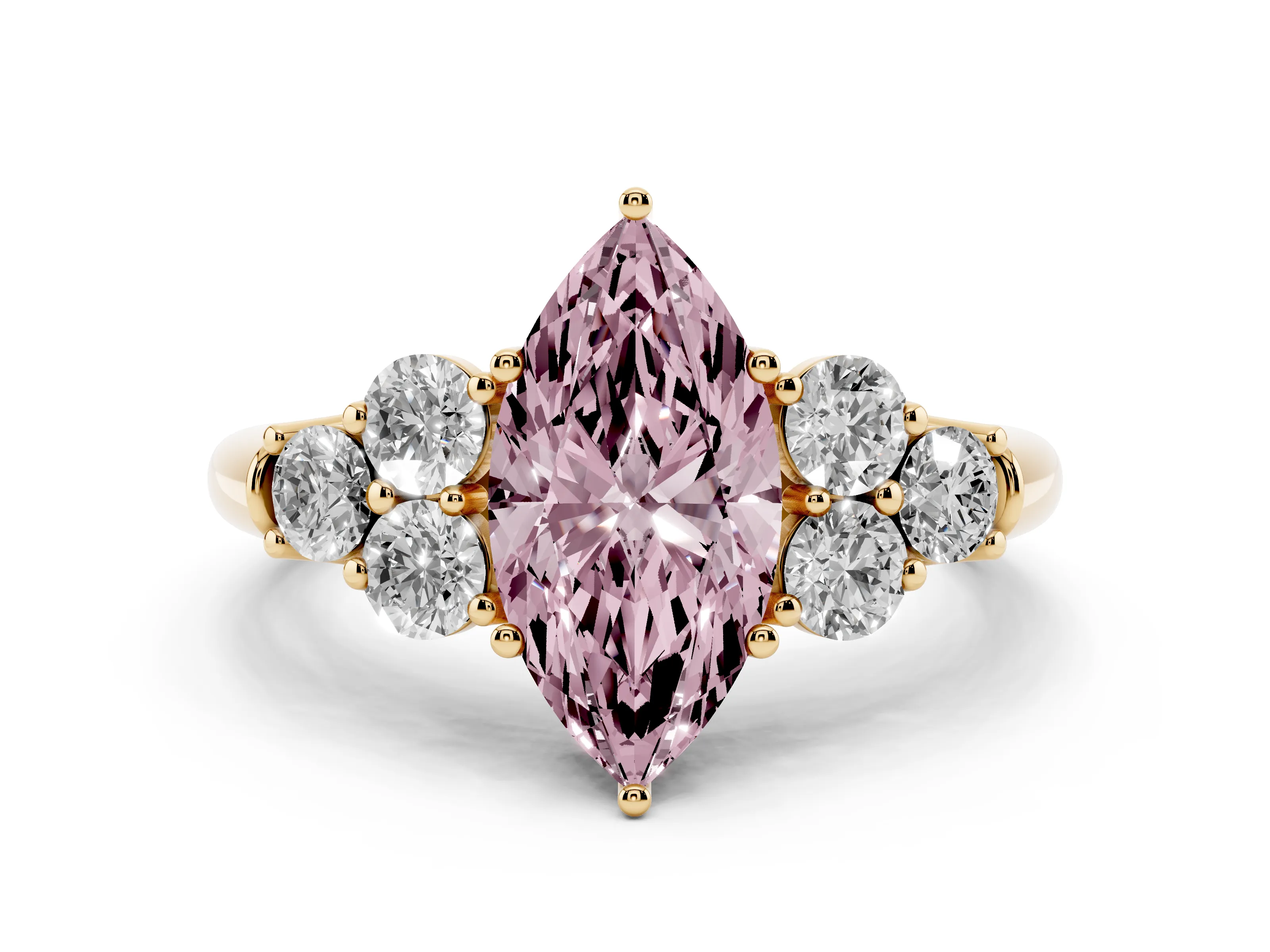 Fancy Pink Marquise Cut Diamond Cluster Ring Set in Yellow gold with Round Accent Stones and Prong Setting on a Plain Band