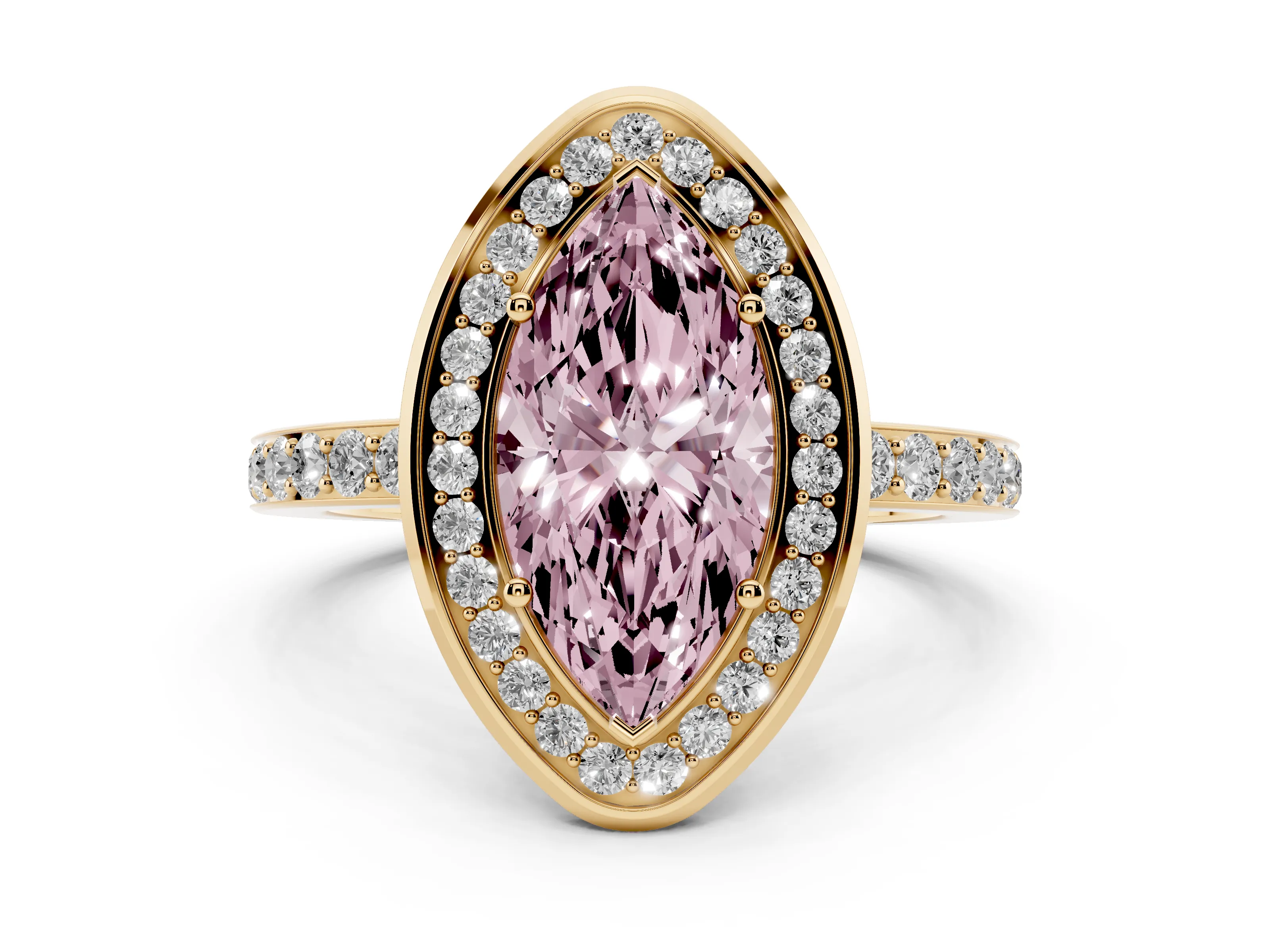 Fancy Pink Marquise Cut Diamond Halo Ring Set in Yellow gold with Bezel Frame and Pavé Band
