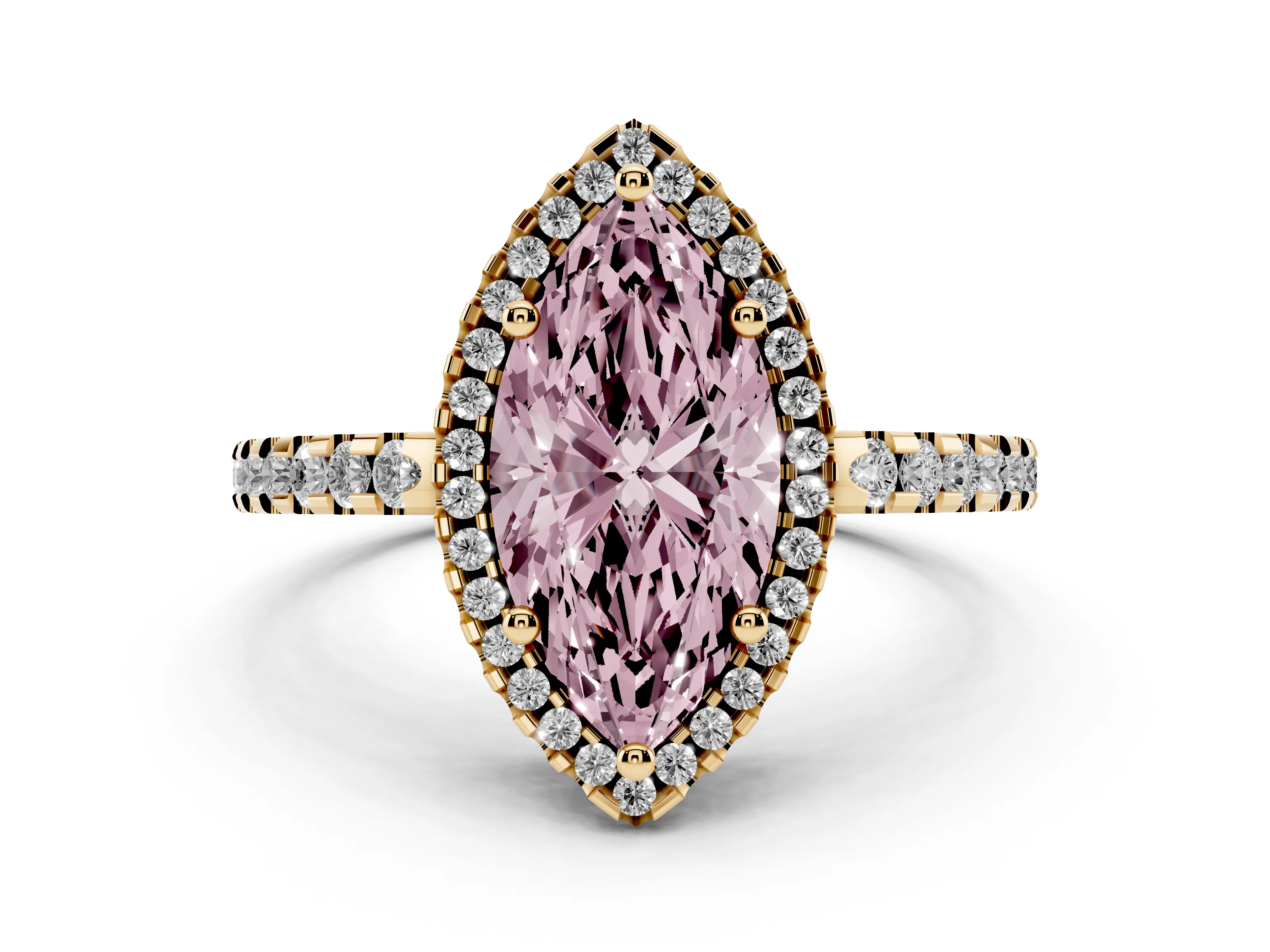 Fancy Pink Marquise Cut Diamond Halo Ring Set in Yellow gold with Pavé Shoulders and Halo-Framed Center