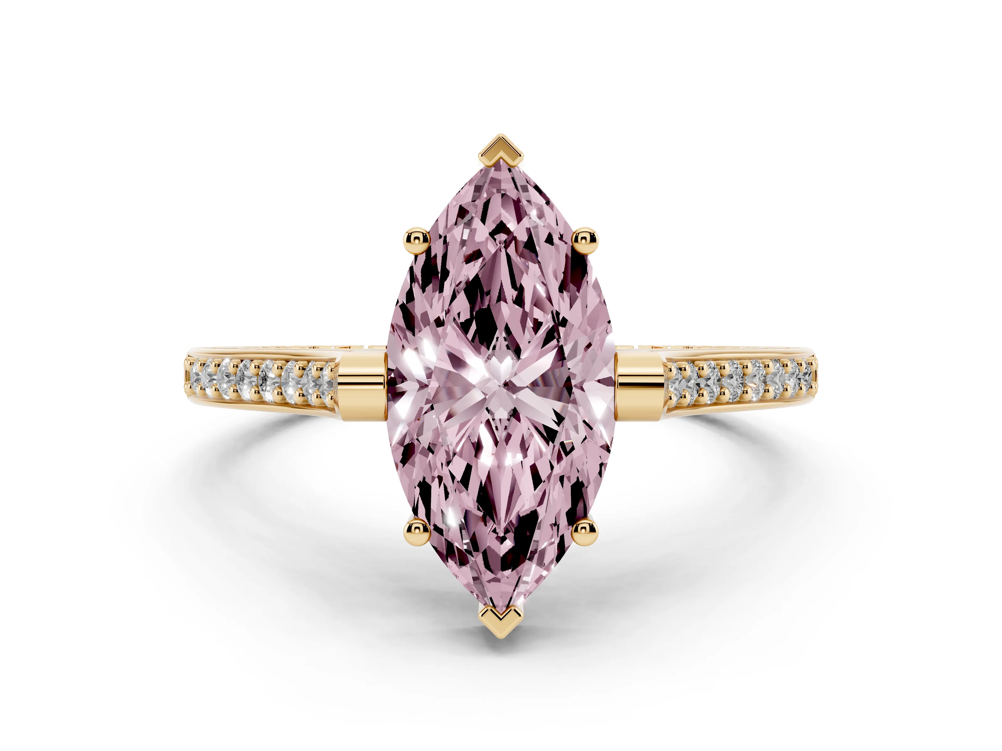 Fancy Pink Marquise Cut Diamond Solitaire Ring Set in Yellow gold with Channel Set Band and Bezel Prong Setting