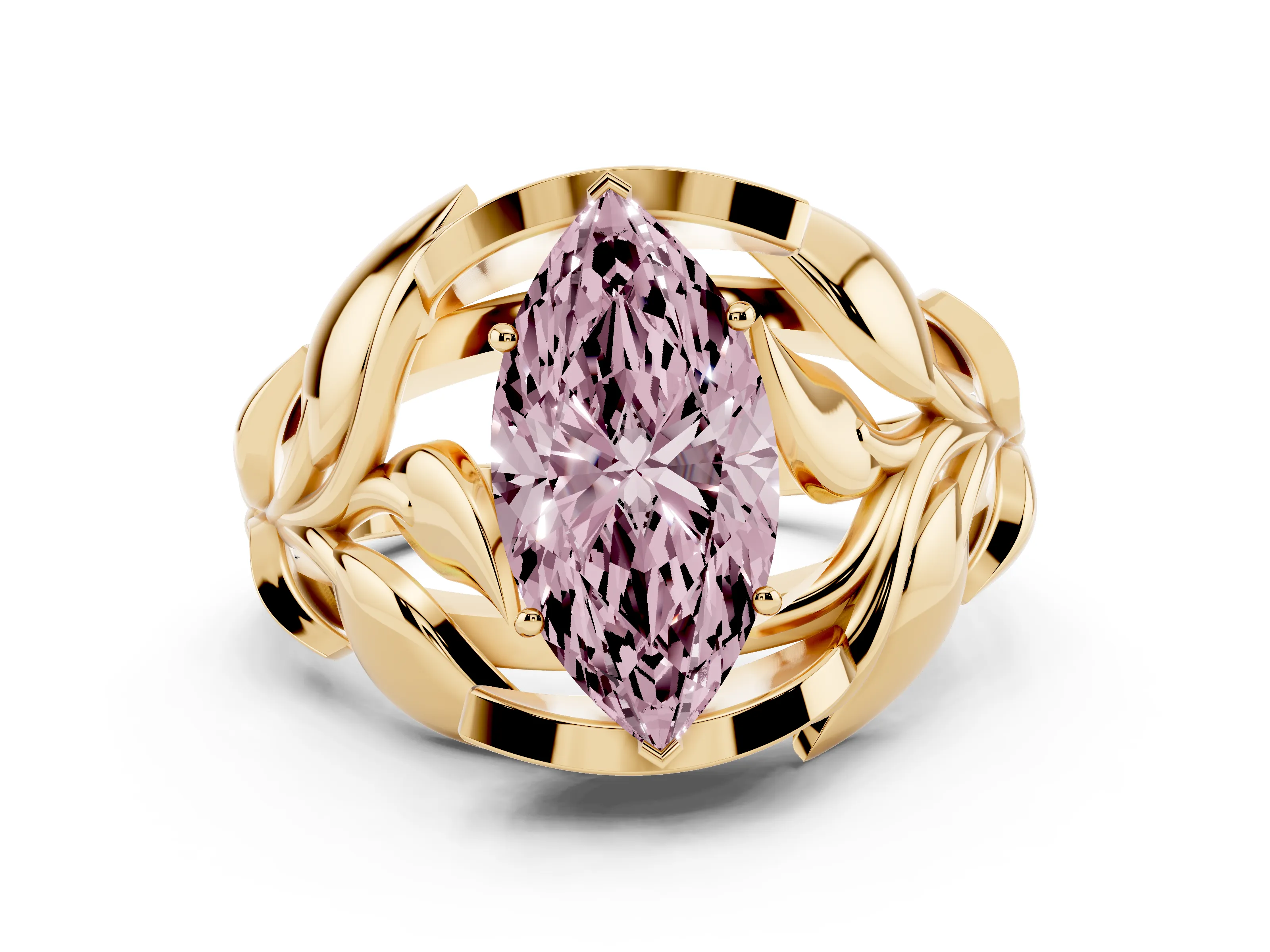 Fancy Pink Marquise Cut Diamond Leaf-Inspired Engagement Ring Set in Yellow gold with Round Accents