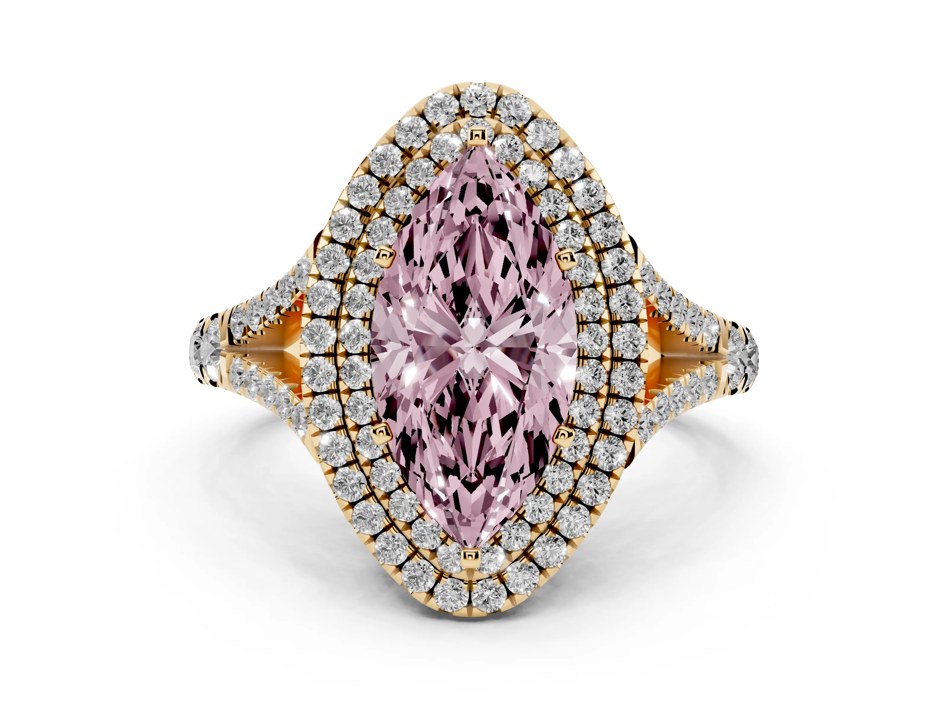 Fancy Pink Marquise Cut Diamond Pavé Split Shank Double Halo Engagement Ring Set in Yellow gold