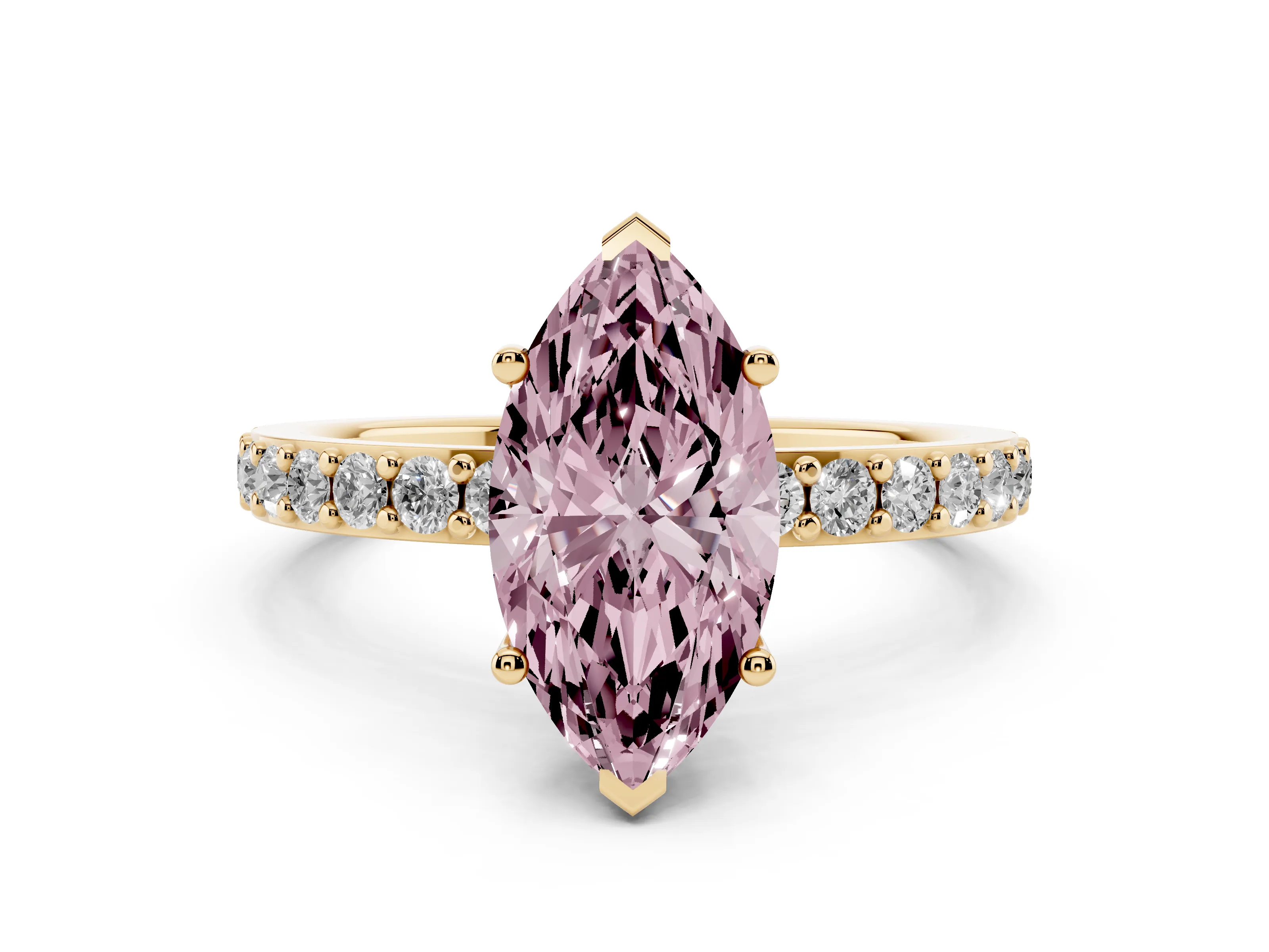 Fancy Pink Marquise Cut Diamond Solitaire Set in Yellow gold with Round Pavé Band and Prong Setting