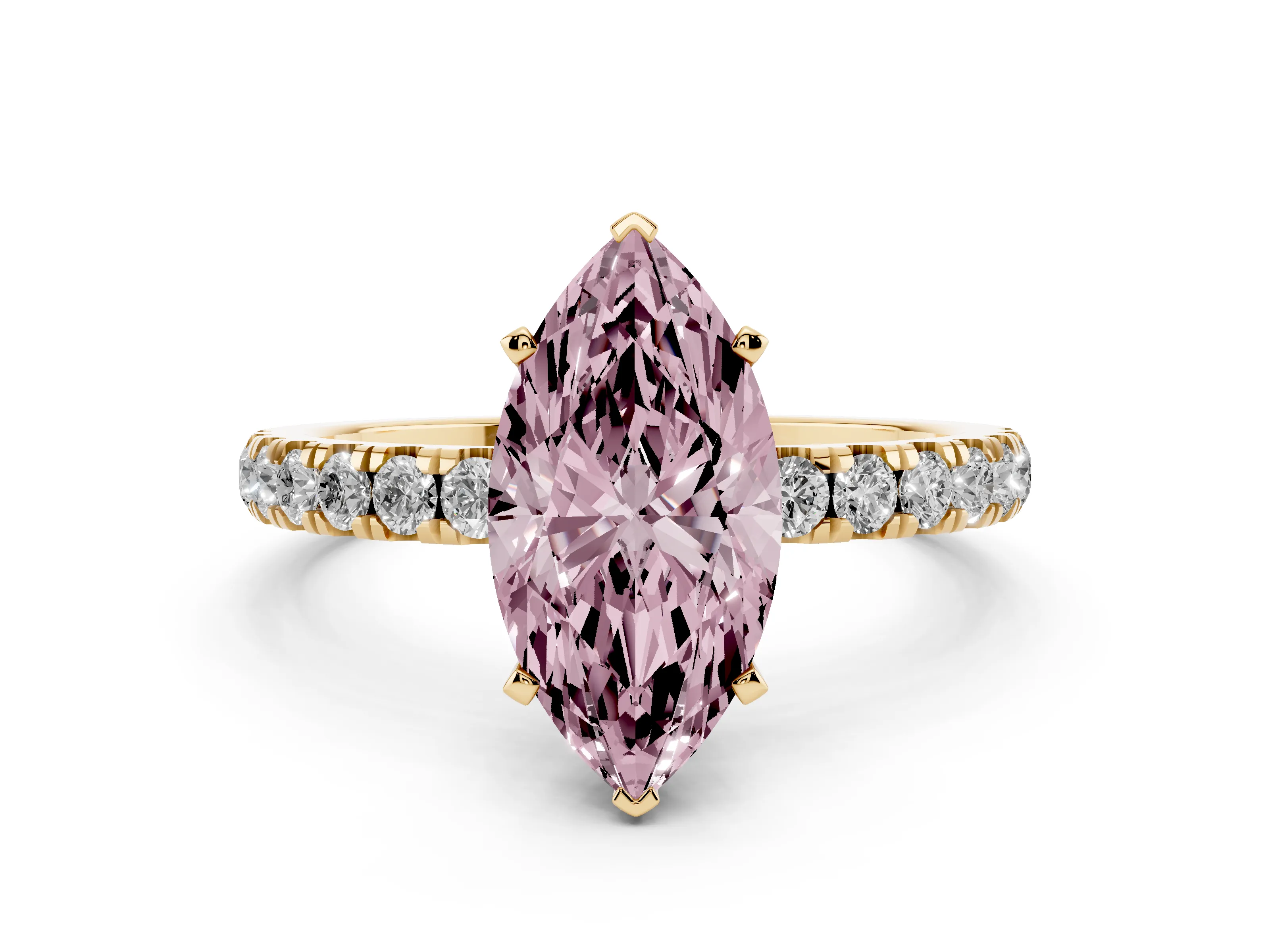 Fancy Pink Marquise Cut Diamond Solitaire Ring Set in Yellow gold with Pavé Accents and Prong Setting