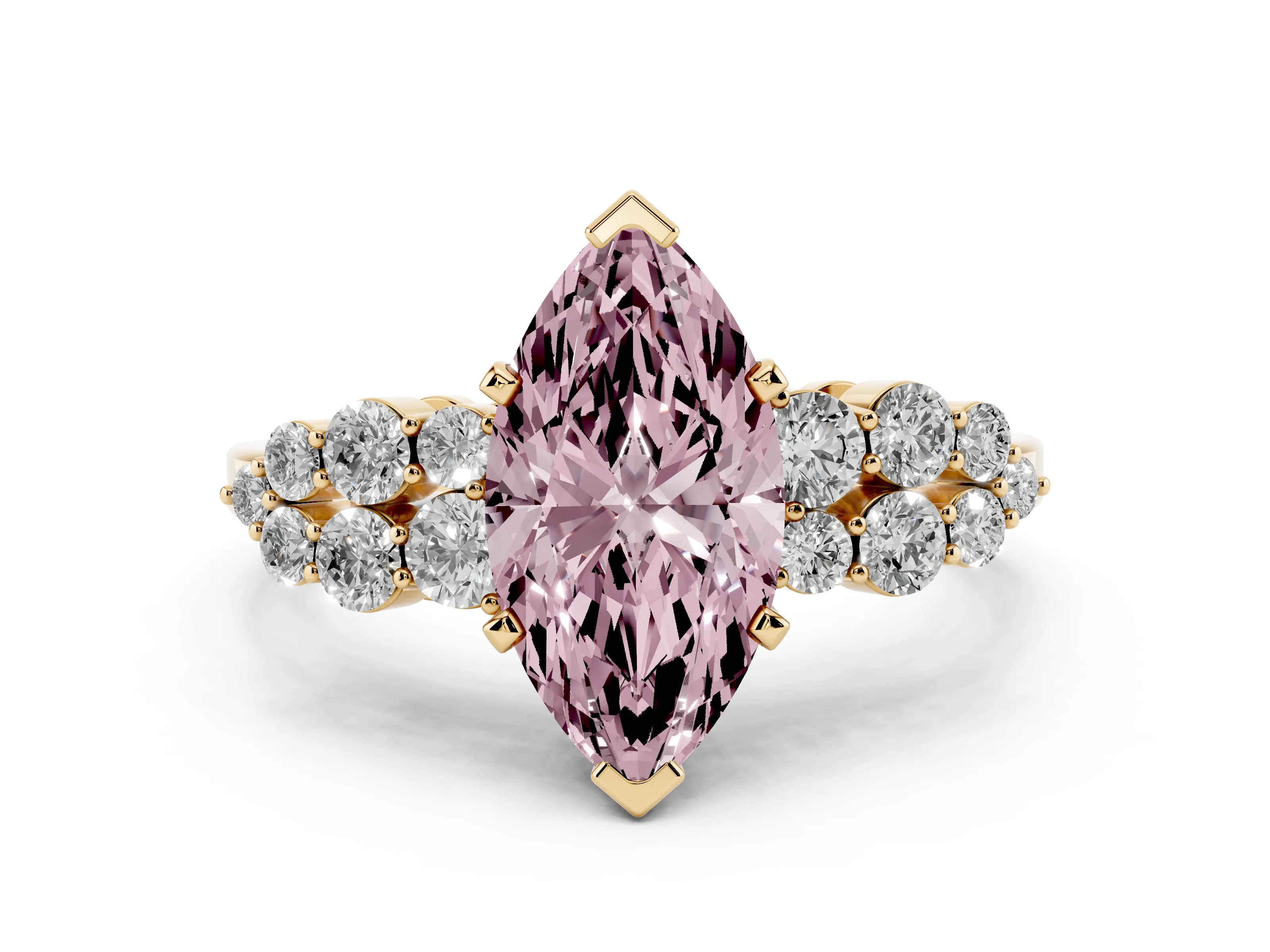 Fancy Pink Marquise Cut Diamond Cluster Engagement Ring Set in Yellow gold with Pavé Band and Prong Setting