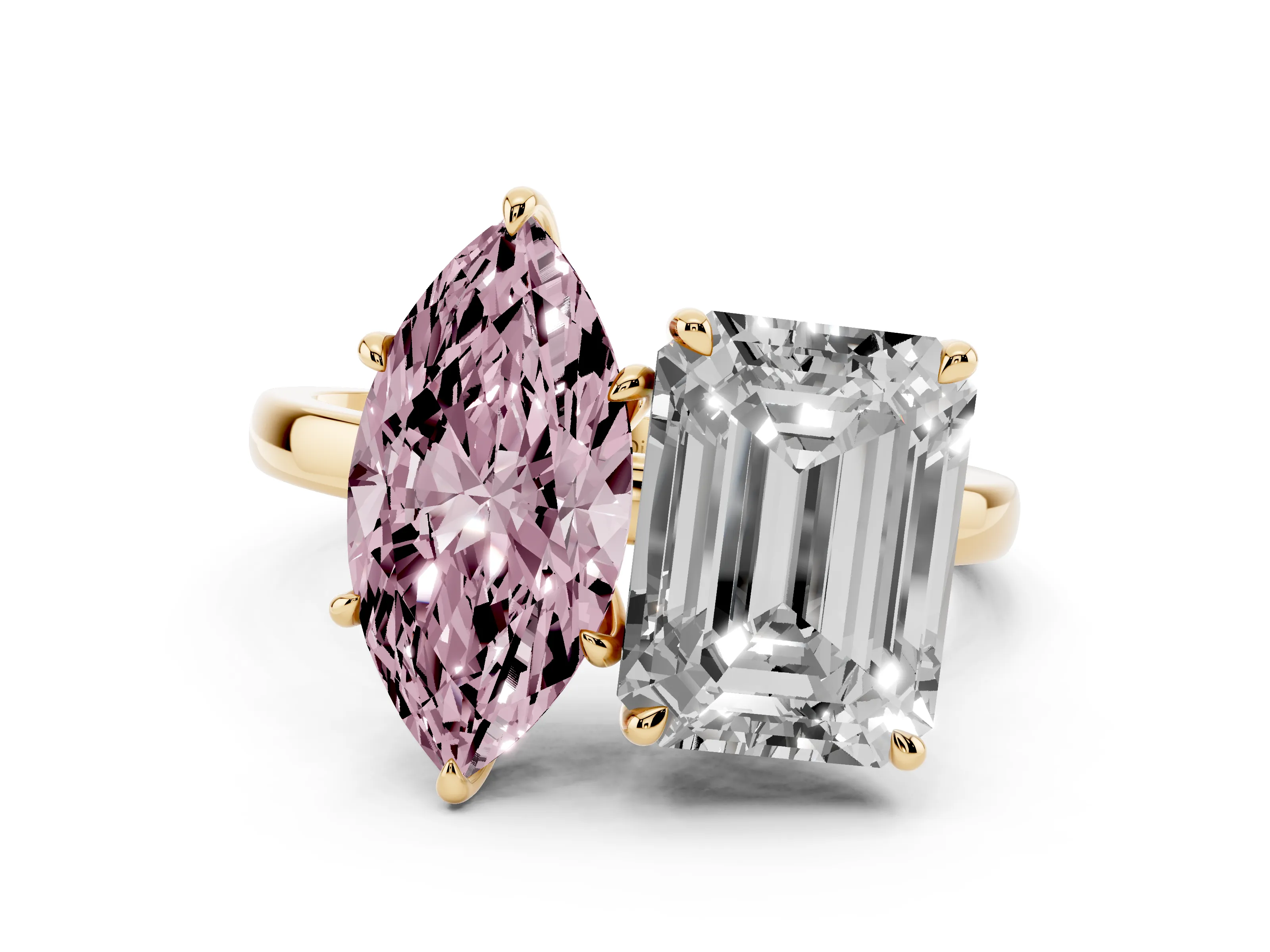 Fancy Pink Marquise Cut and Emerald Cut Toi Moi Ring Set in Yellow gold with Prong Setting