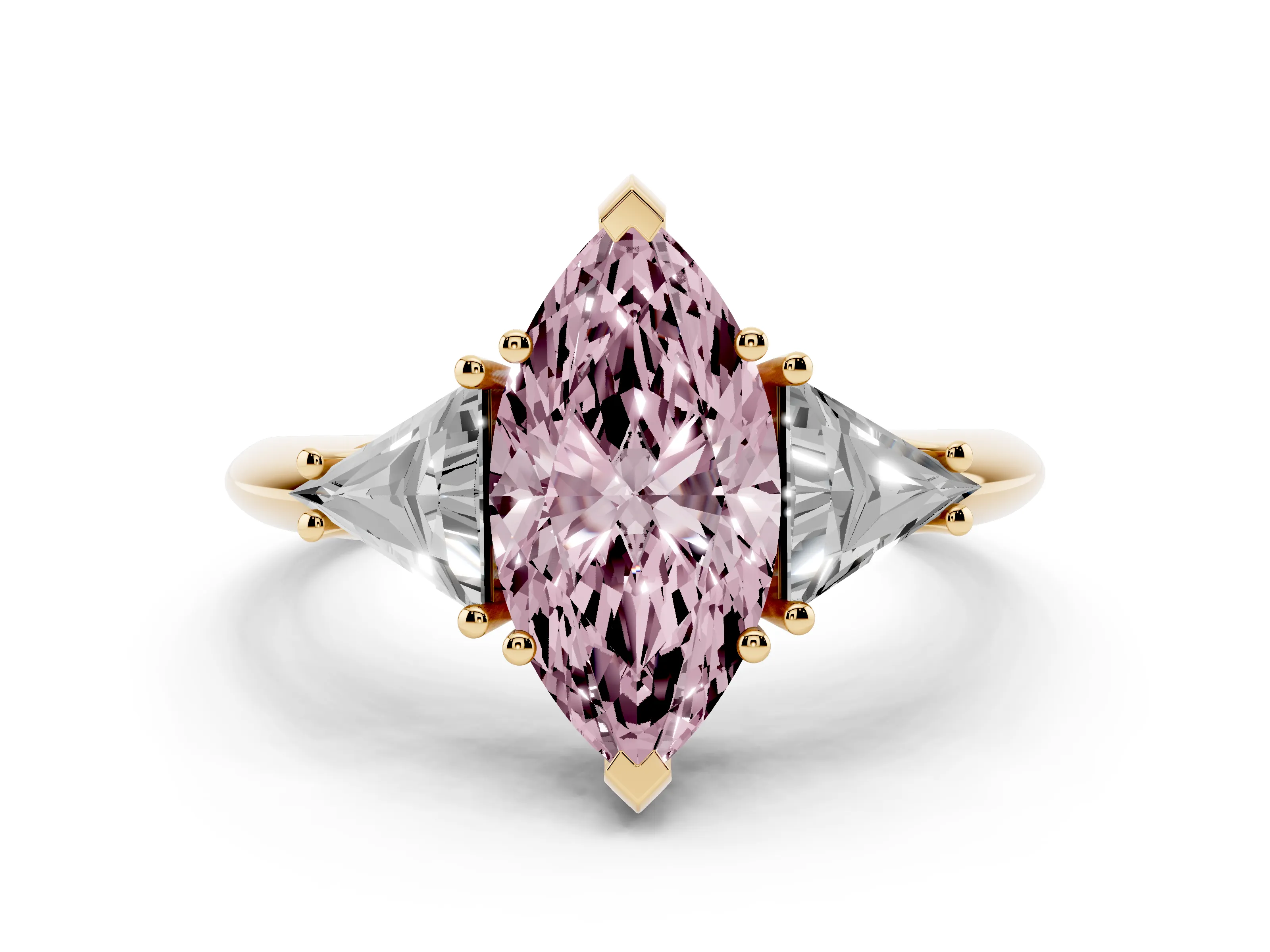 Fancy Pink Marquise Cut Diamond Three-Stone Engagement Ring Set in Yellow gold with Trillion Side Stones