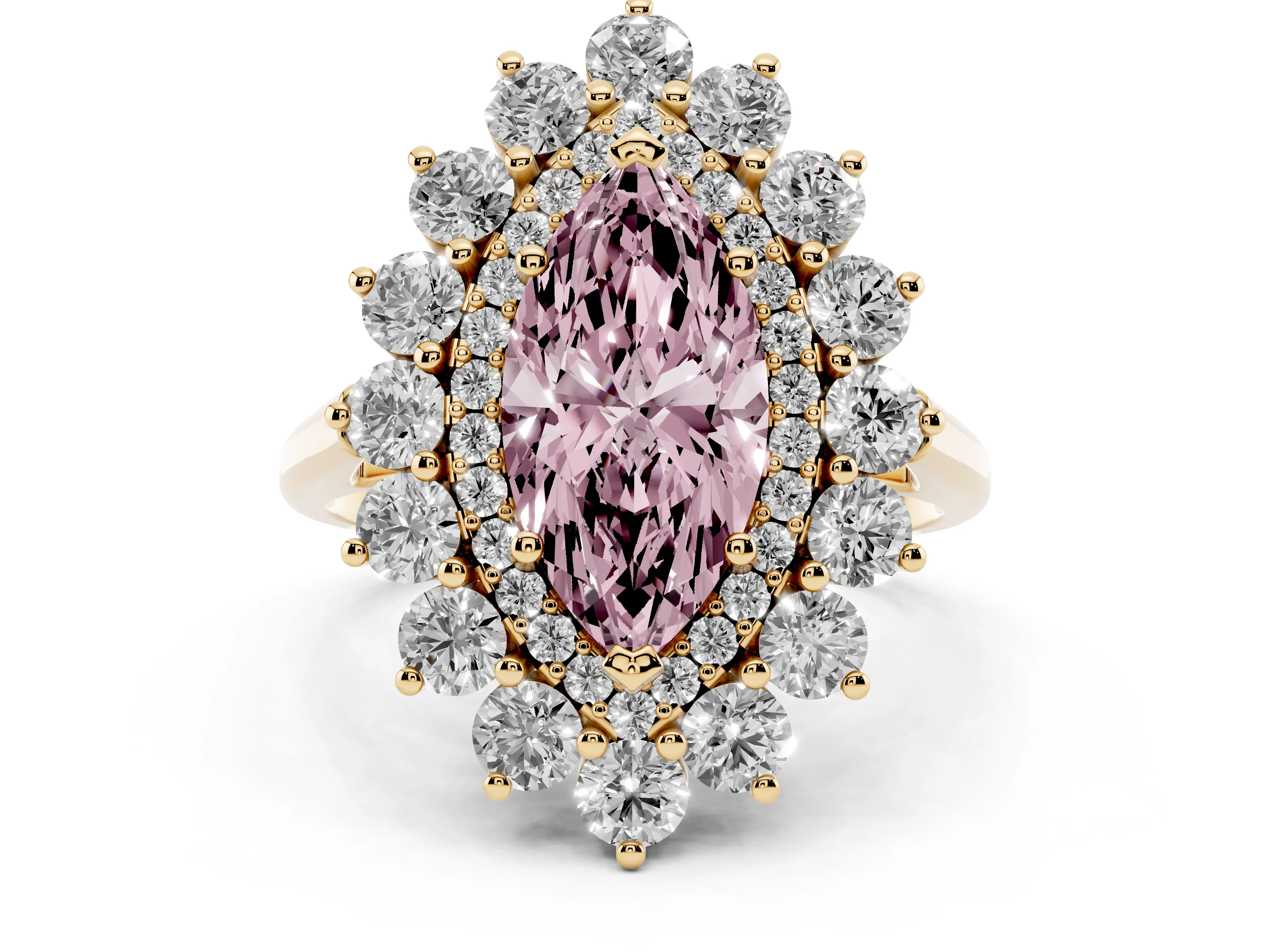 Fancy Pink Marquise Cut Diamond Floral Double Halo Ring Set in Yellow gold with Round Petals
