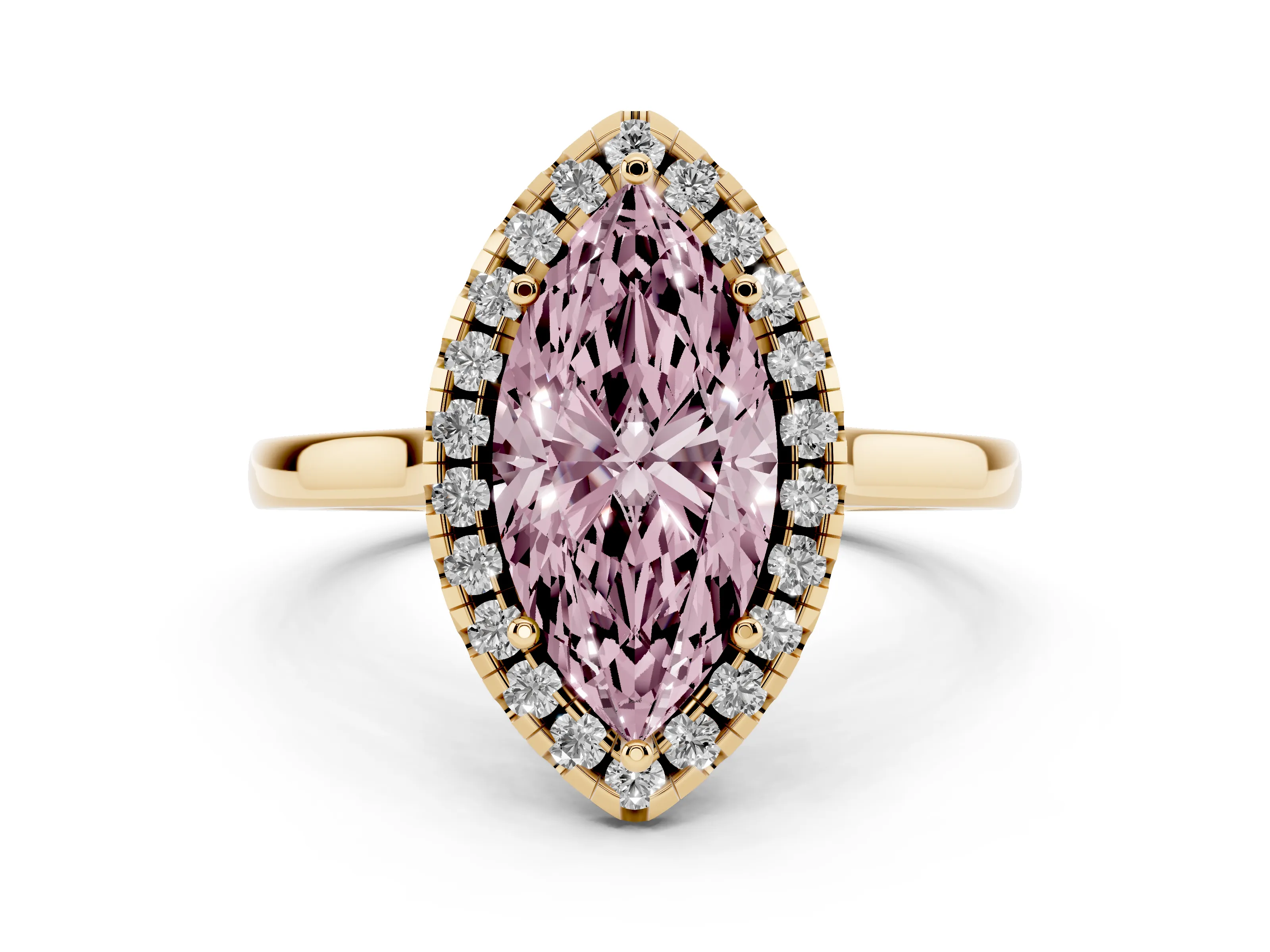 Fancy Pink Marquise Cut Halo Round Diamond Solitaire Ring Set in Yellow gold with Pavé Band and Prong Setting