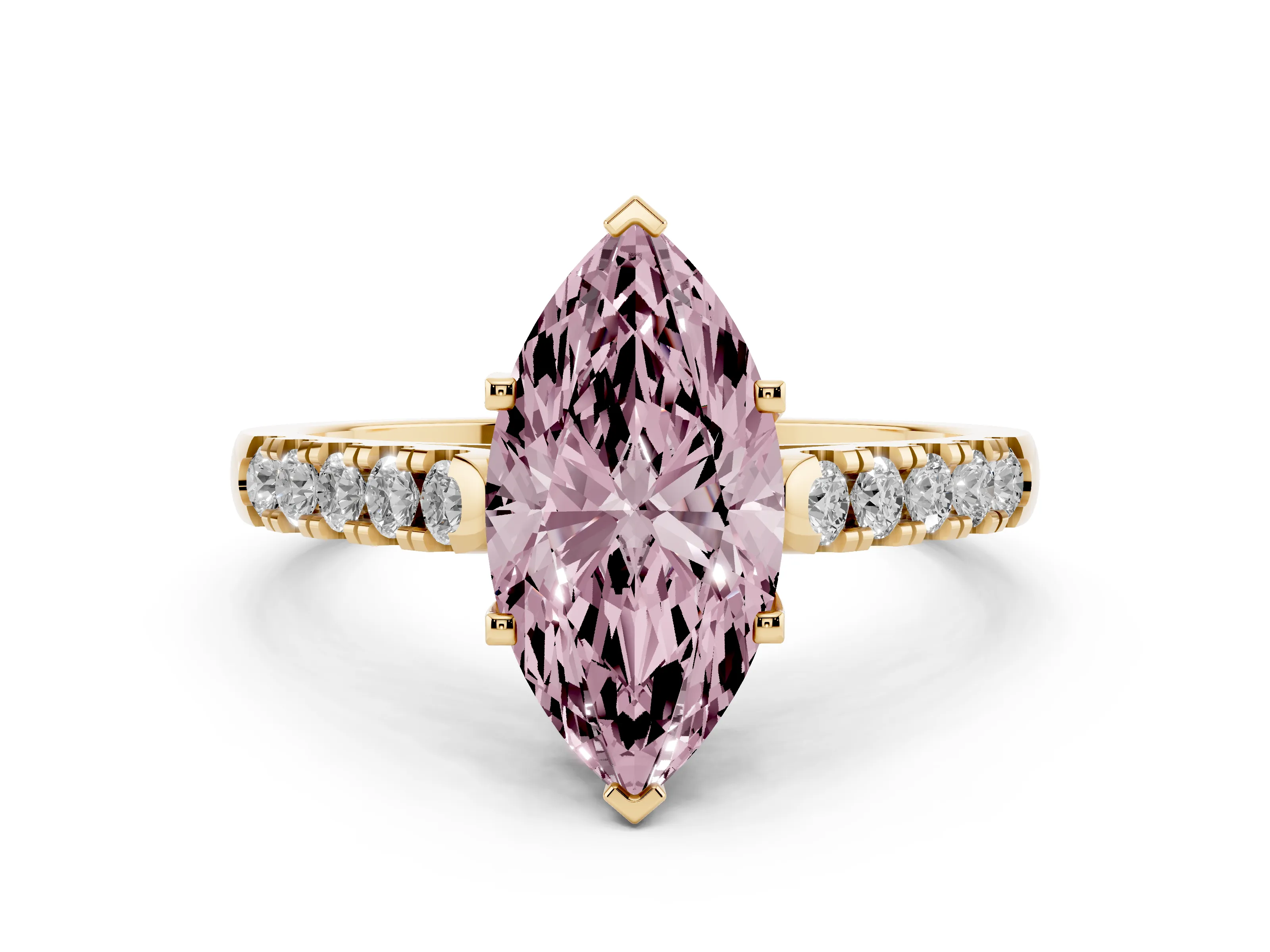 Fancy Pink Marquise Cut Diamond Pavé Band Solitaire Ring Set in Yellow gold with Partway Accent Stones and Prong Setting