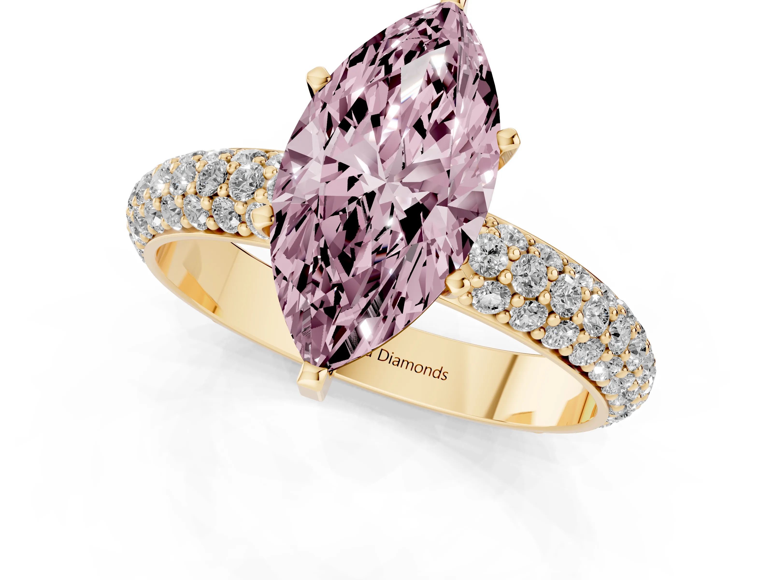 Fancy Pink Marquise Cut Diamond Solitaire Ring Set in Yellow gold with Prong Setting and Pavé-Set Band