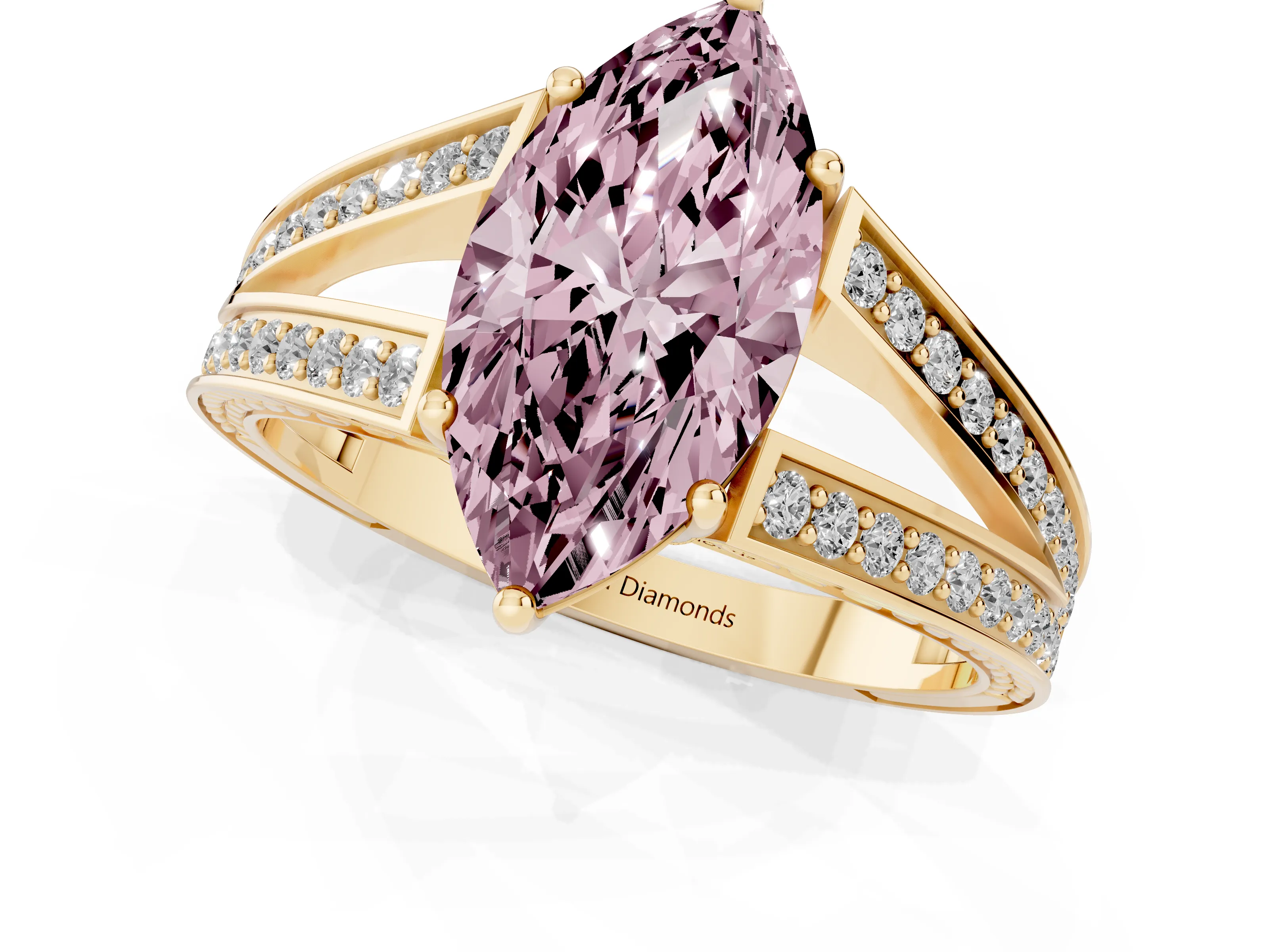 Fancy Pink Marquise Cut Diamond Split Shank Ring Set in Yellow gold with Pavé Band and Prong Setting