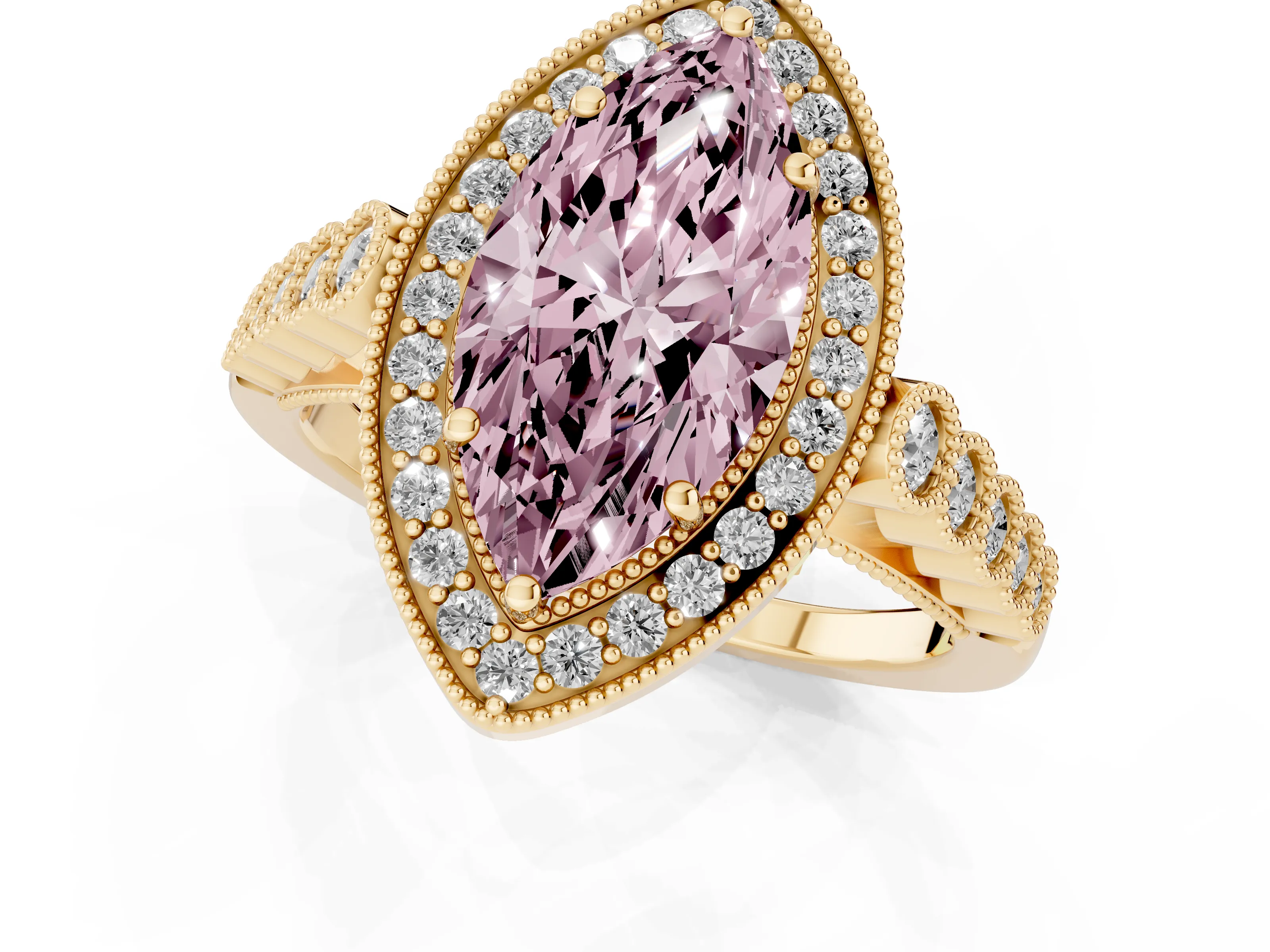 Fancy Pink Marquise Cut Diamond Milgrain Halo Solitaire Ring Set in Yellow gold with Bezel Set Side Stones and Pavé Band