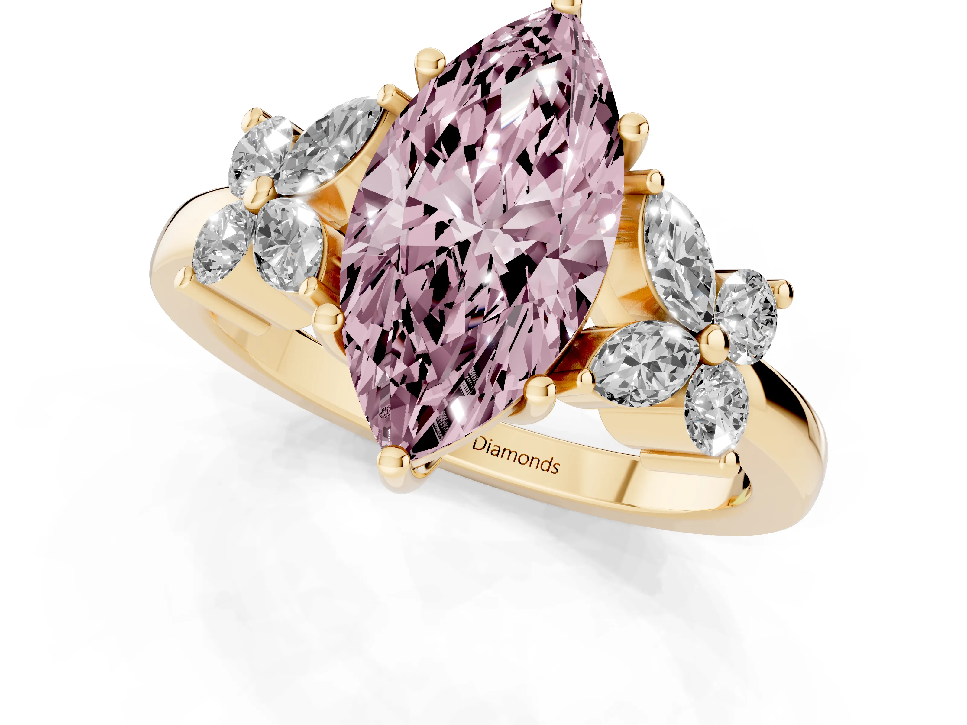 Fancy Pink Marquise Cut Diamond Floral Cluster Ring Set in Yellow gold with Marquise Petals and Prong Setting