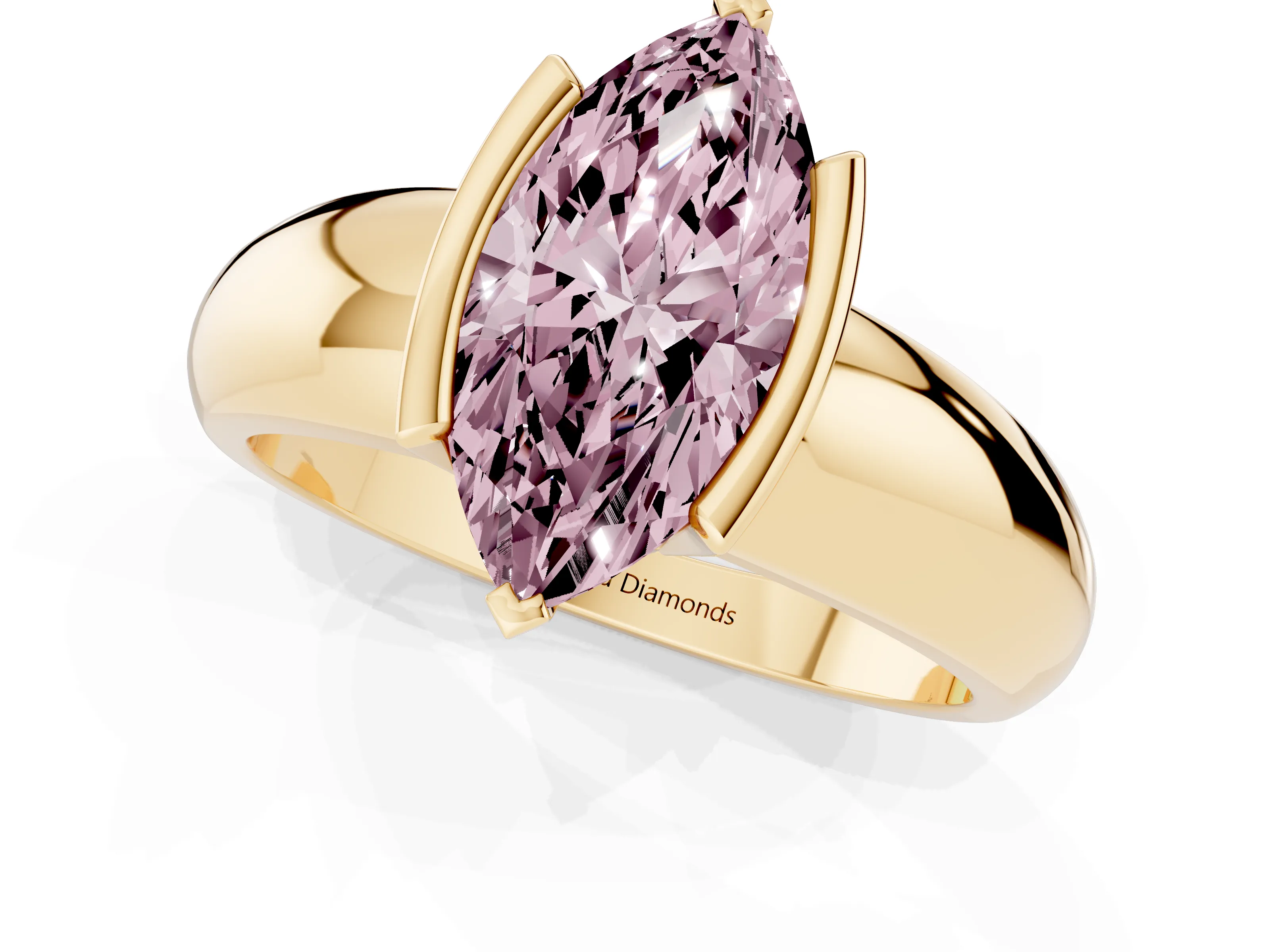 Fancy Pink Marquise Cut Diamond Solitaire Tension Set Ring Set in Yellow gold with Wide Band