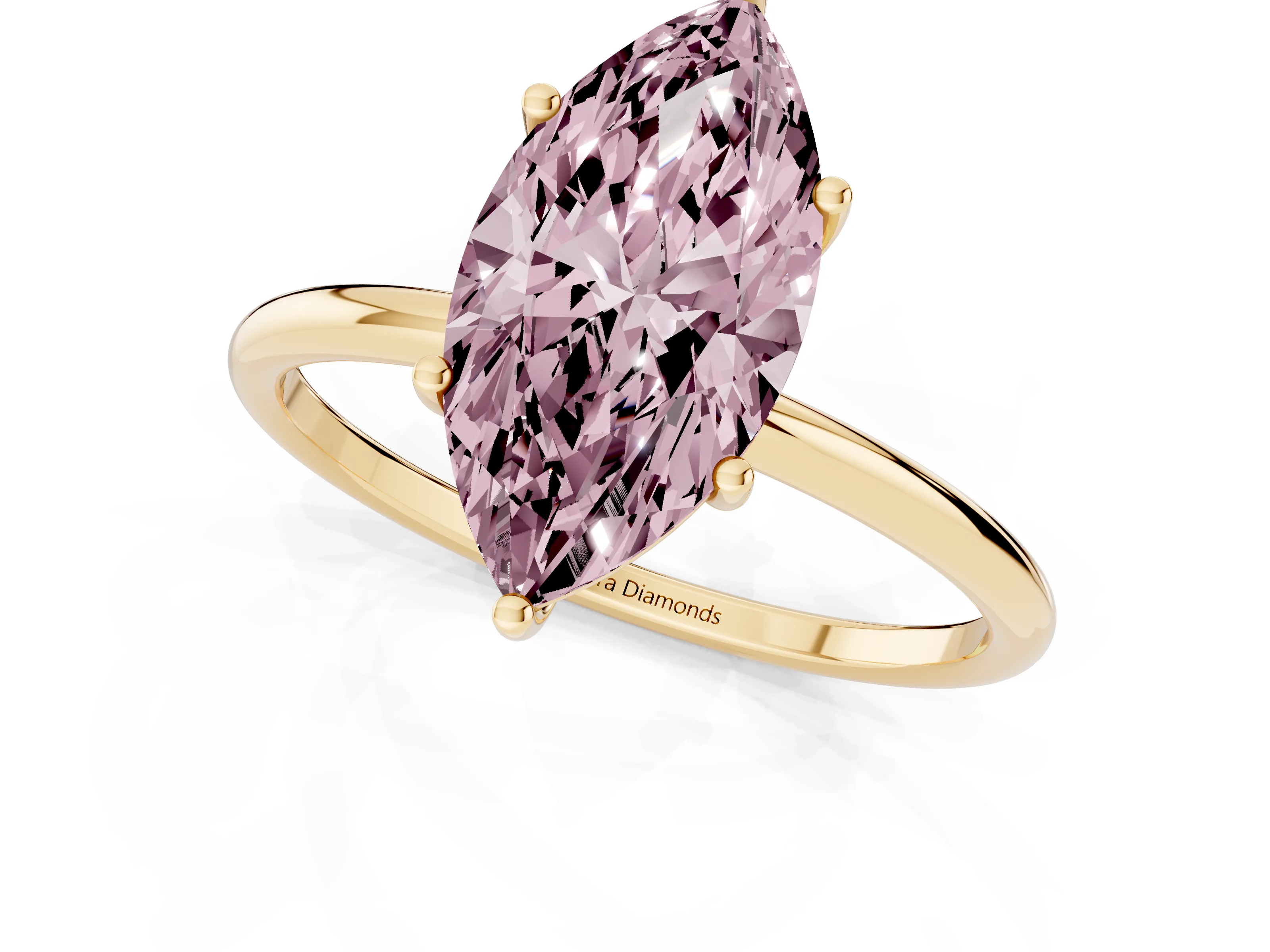 Fancy Pink Marquise Cut Diamond Solitaire Engagement Ring Set in Yellow gold with Thin Band and Prong Setting