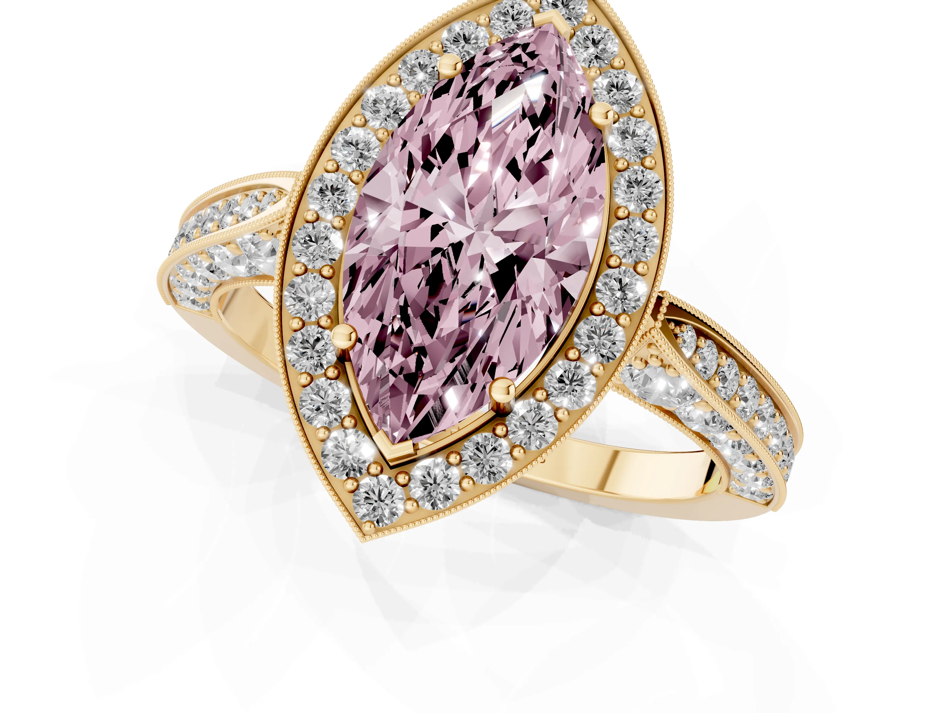 Fancy Pink Marquise Cut Diamond Halo Engagement Ring Set in Yellow gold with Accent Split Shank Band