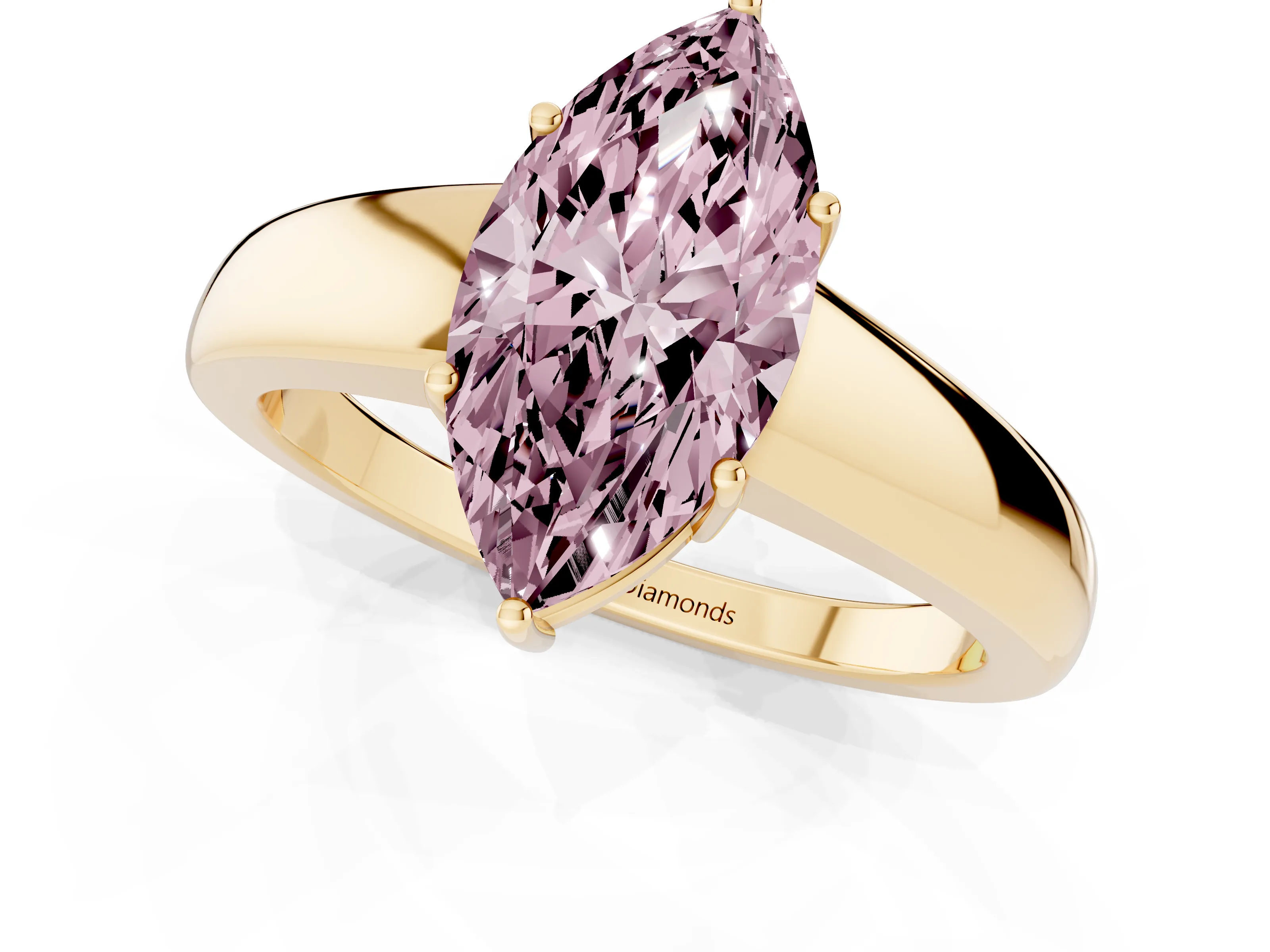 Fancy Pink Marquise Cut Diamond Solitaire Ring Set in Yellow gold with Tapered Band and Prong Setting
