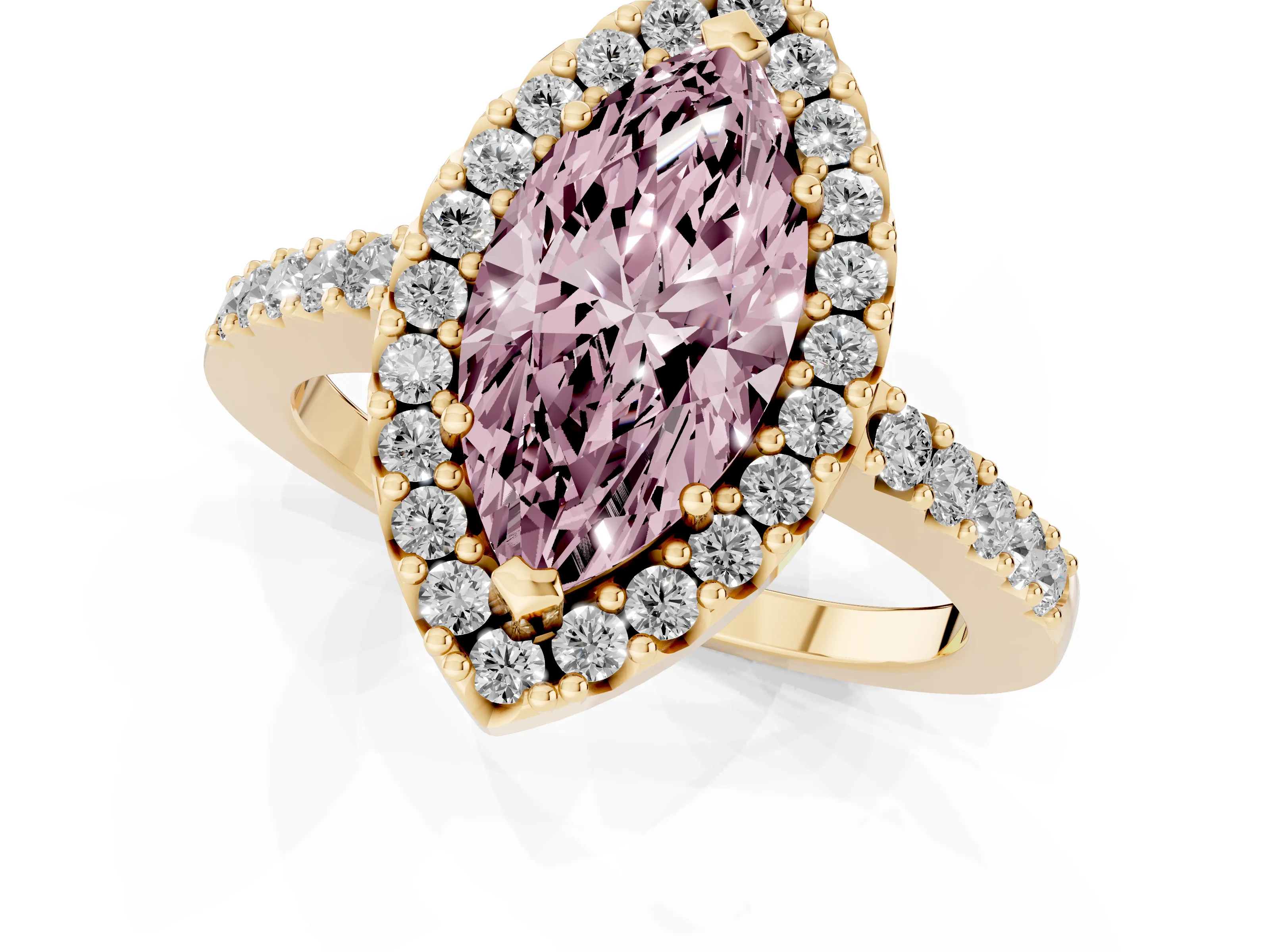 Fancy Pink Marquise Cut Diamond Halo Pavé Solitaire Ring Set in Yellow gold with Prong-Set Center Stone
