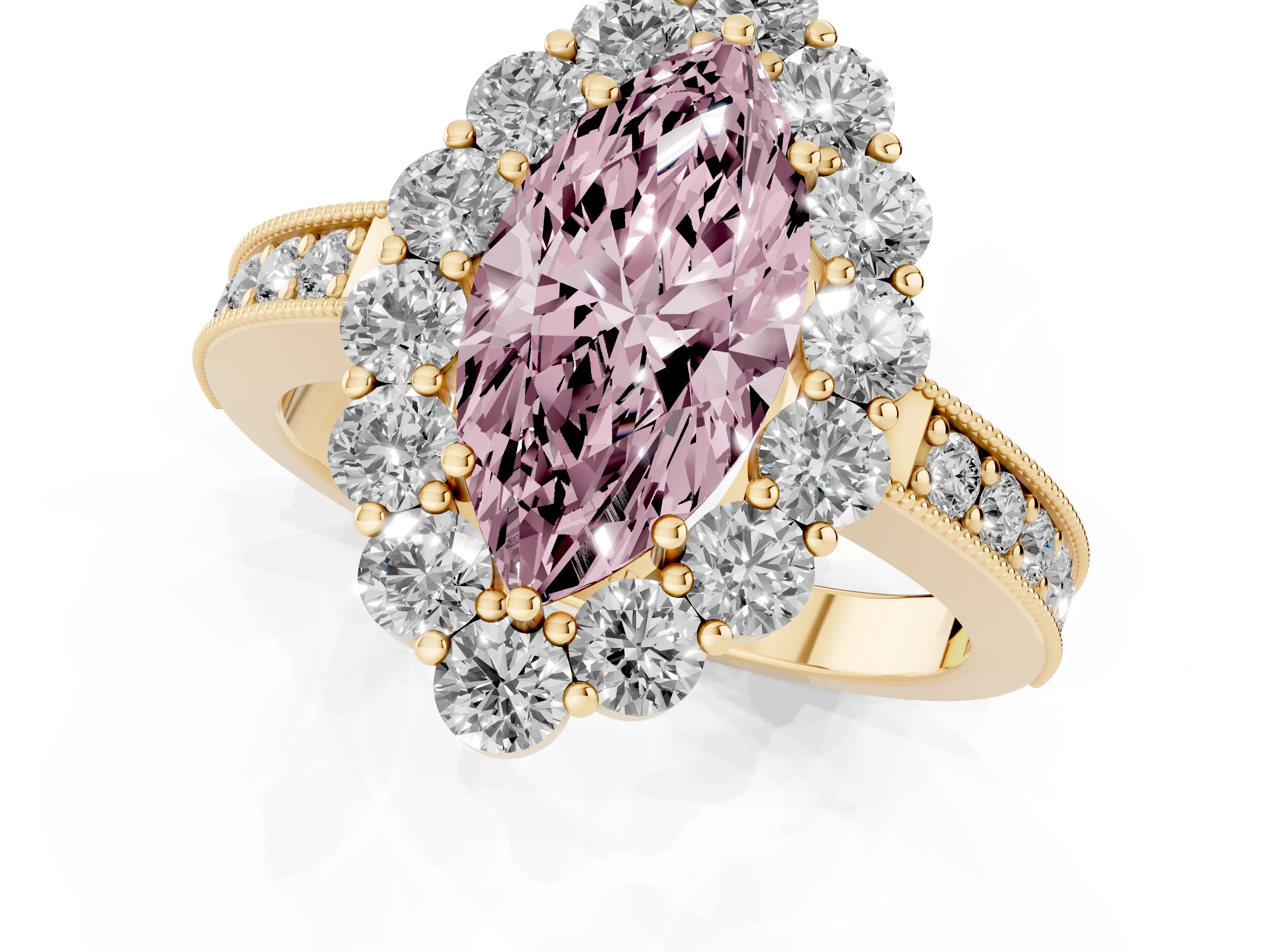 Fancy Pink Marquise Cut Diamond Halo Pavé Engagement Ring Set in Yellow gold with Milgrain Detailing
