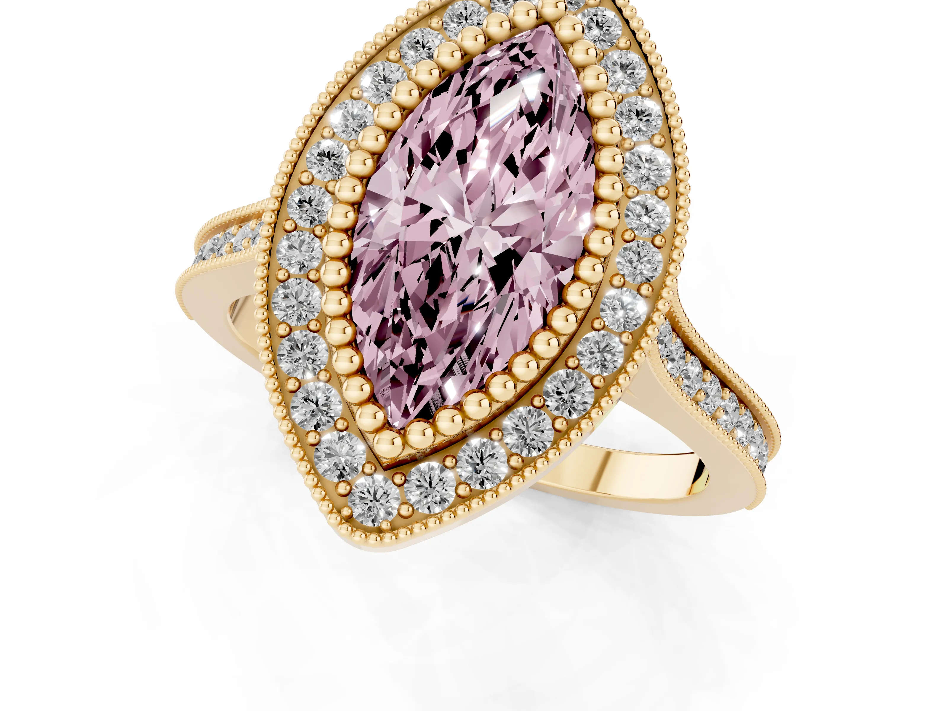 Fancy Pink Marquise Cut Diamond Halo Ring Set in Yellow gold with Milgrain Frame and Pavé Band