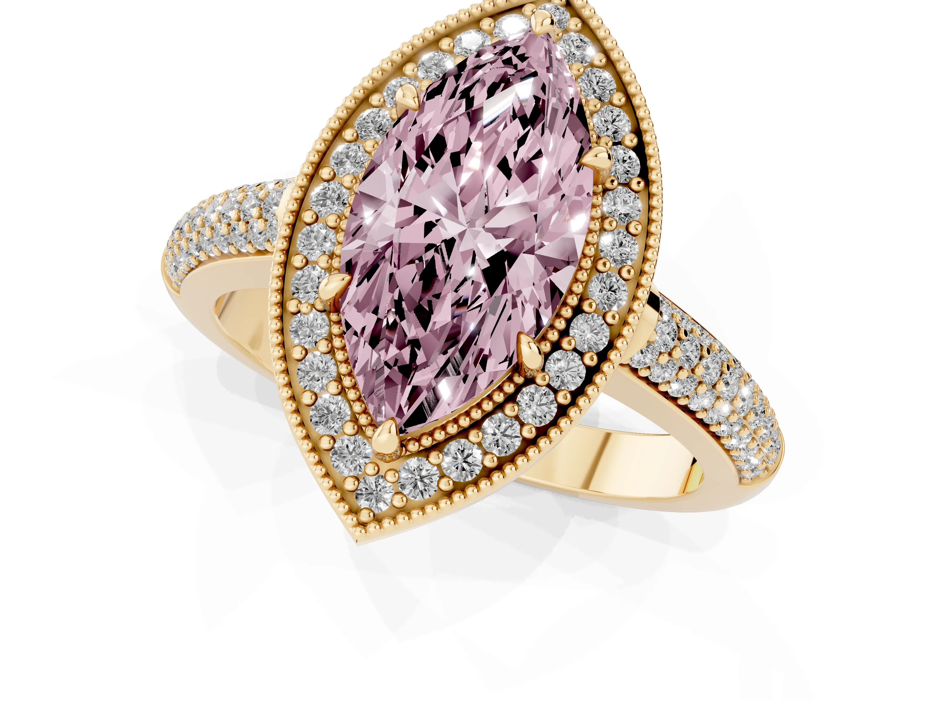 Fancy Pink Marquise Cut Diamond Halo Pavé Band Set in Yellow gold with Prong Setting