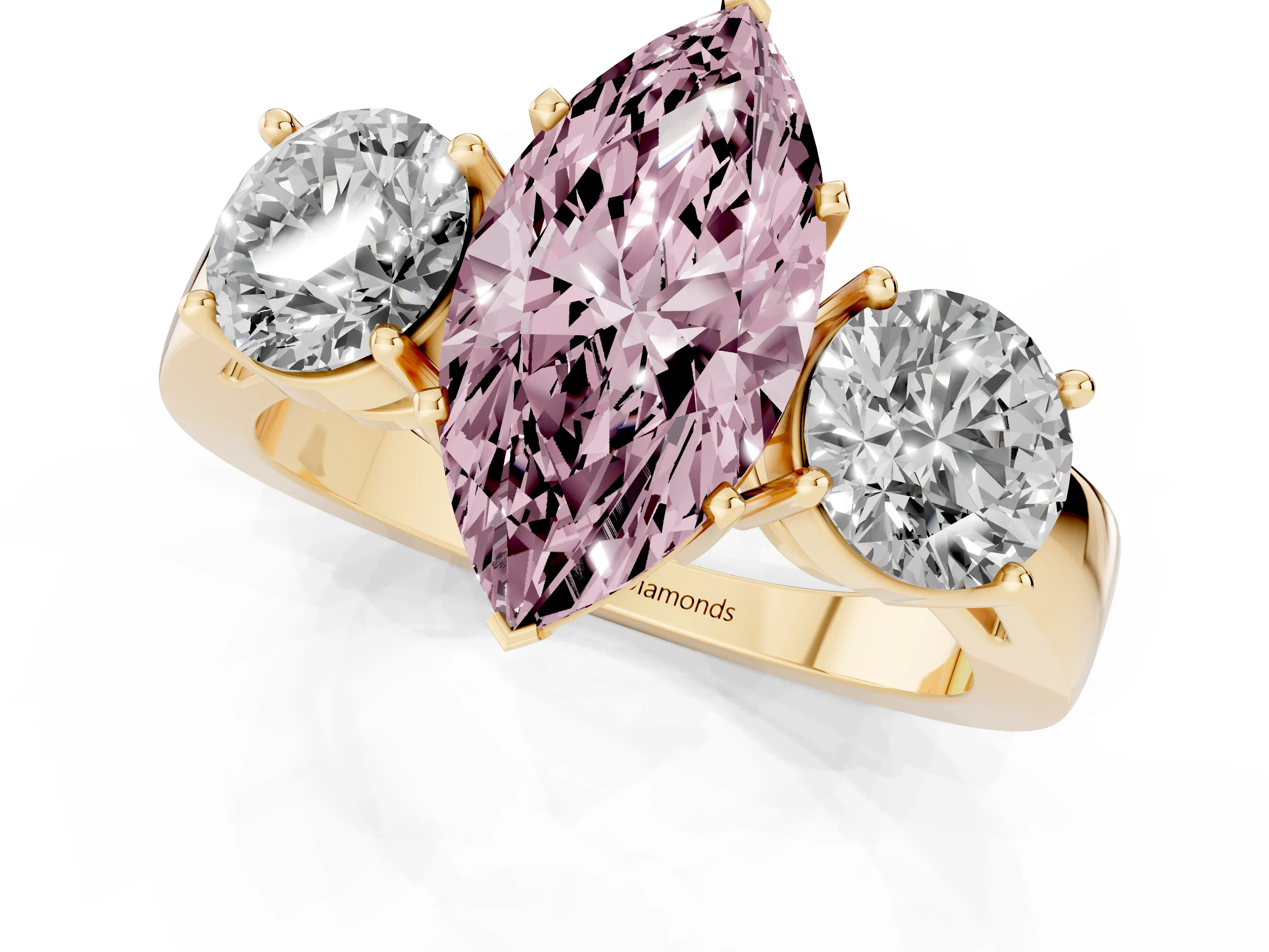 Fancy Pink Marquise Cut Diamond Three-Stone Ring Set in Yellow gold with Round Side Stones and Classic Band