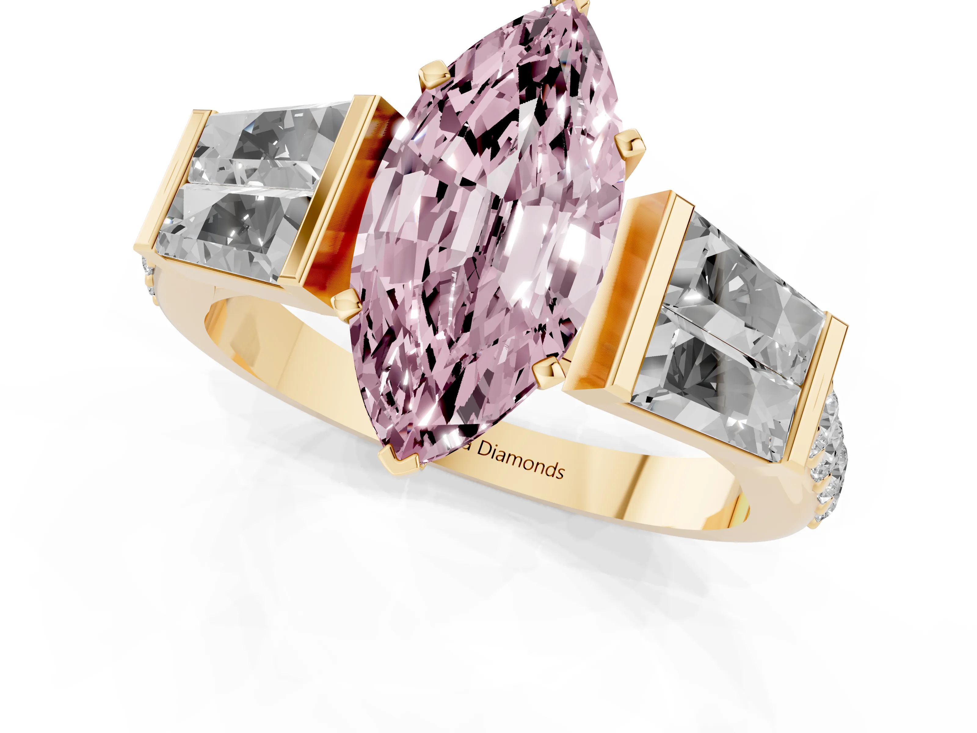 Fancy Pink Marquise Cut Diamond Engagement Ring Set in Yellow gold with Baguette Side Stones and Channel Set Band