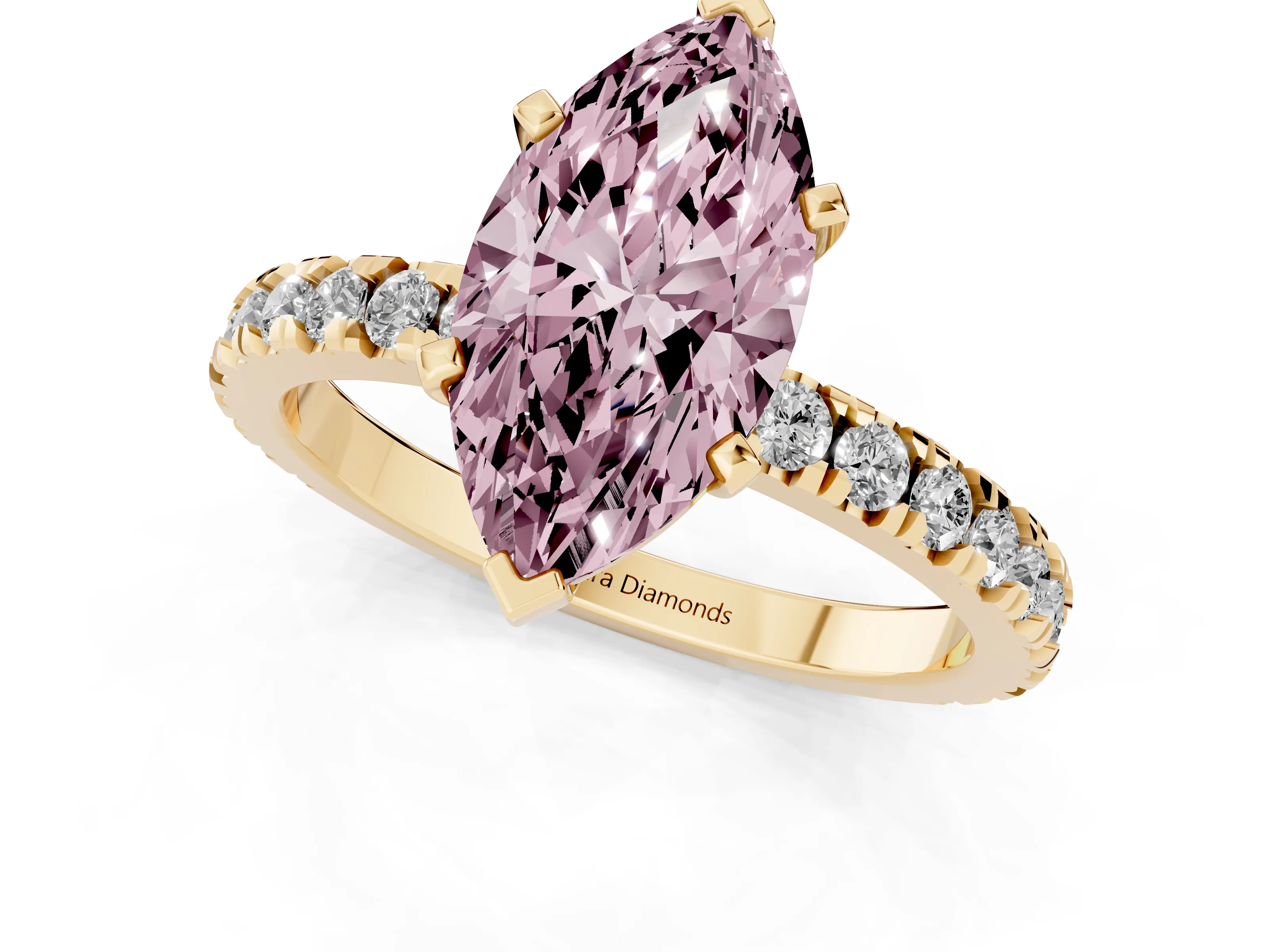 Fancy Pink Marquise Cut Diamond Pavé Band Solitaire Set in Yellow gold with Prong Setting