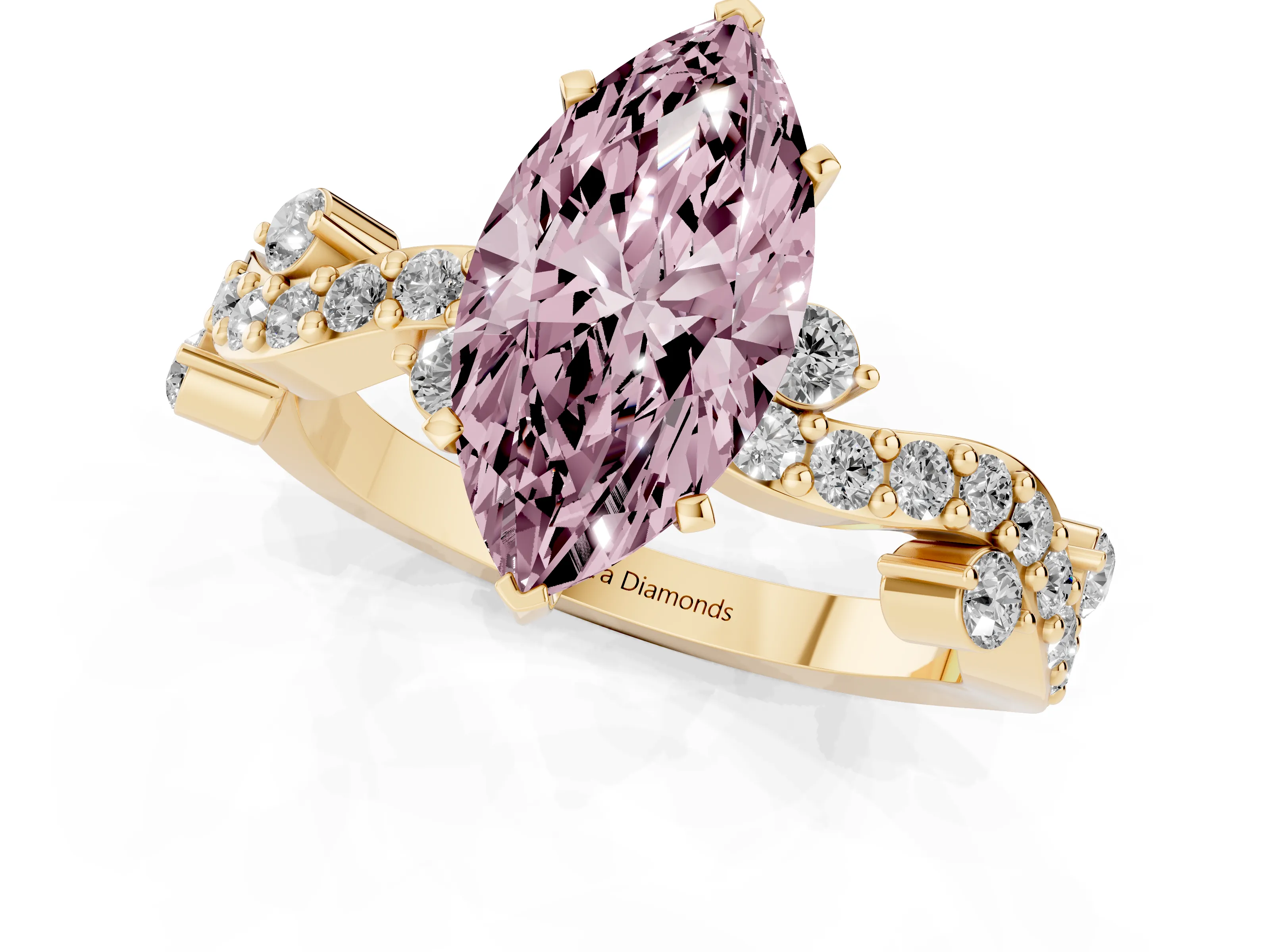 Fancy Pink Marquise Cut Diamond Solitaire Twisted Band Set in Yellow gold with Pavé Setting