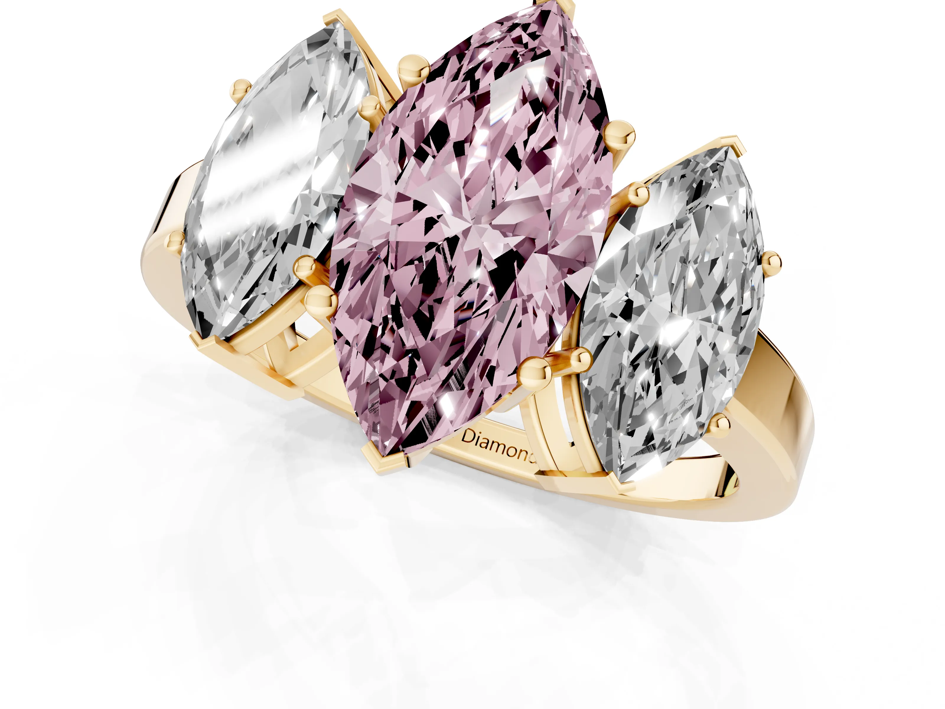 Fancy Pink Marquise Cut Diamond Three-Stone Engagement Ring Set in Yellow gold with Flat Band