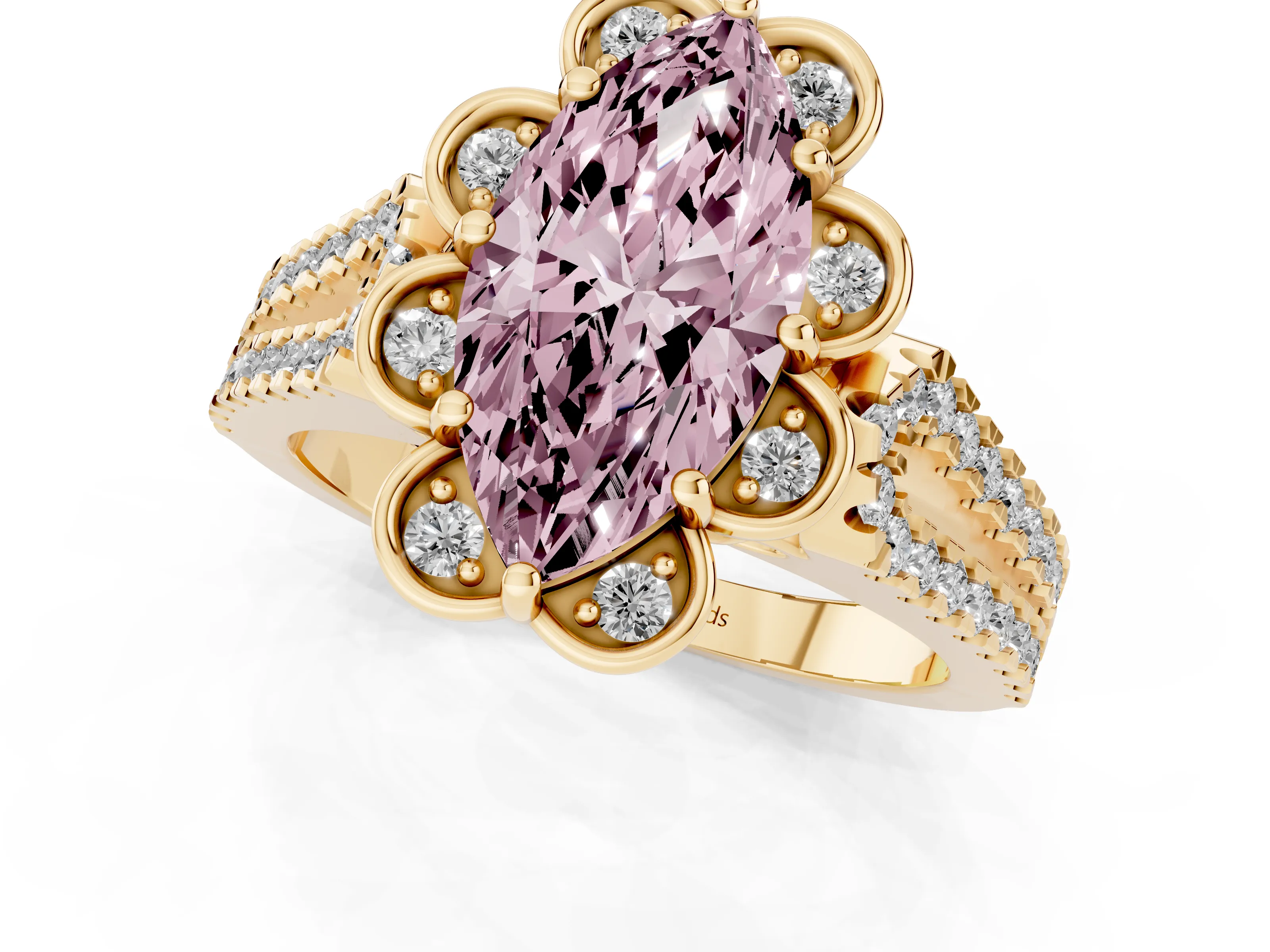 Fancy Pink Marquise Cut Diamond Floral Halo Split Shank Engagement Ring Set in Yellow gold with Pavé Shank