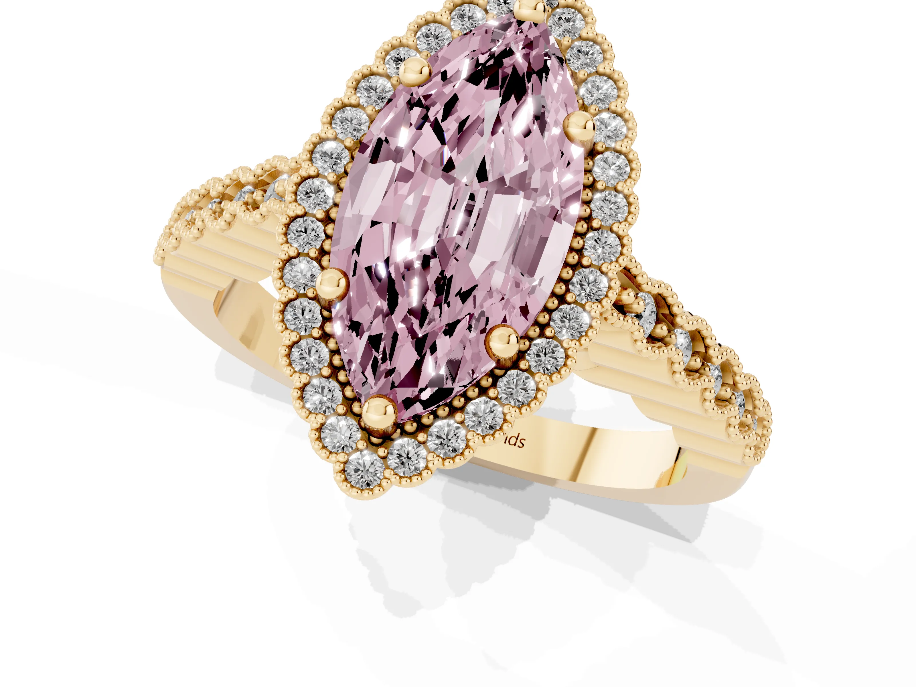 Fancy Pink Marquise Cut Diamond Halo Ring Set in Yellow gold with Pavé Milgrain Band