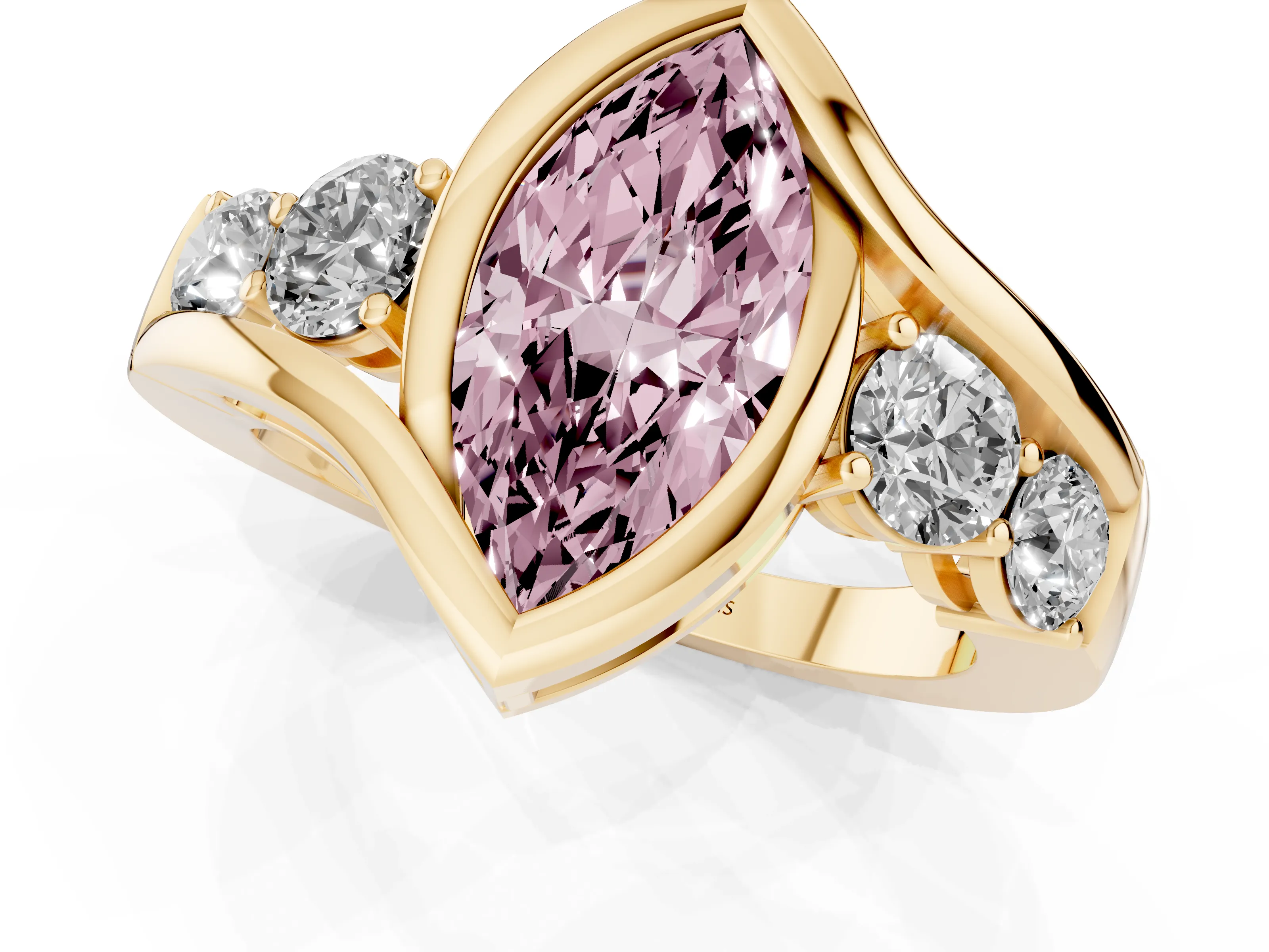 Fancy Pink Marquise Cut Diamond Bezel Bypass Ring Set in Yellow gold with Round Accents