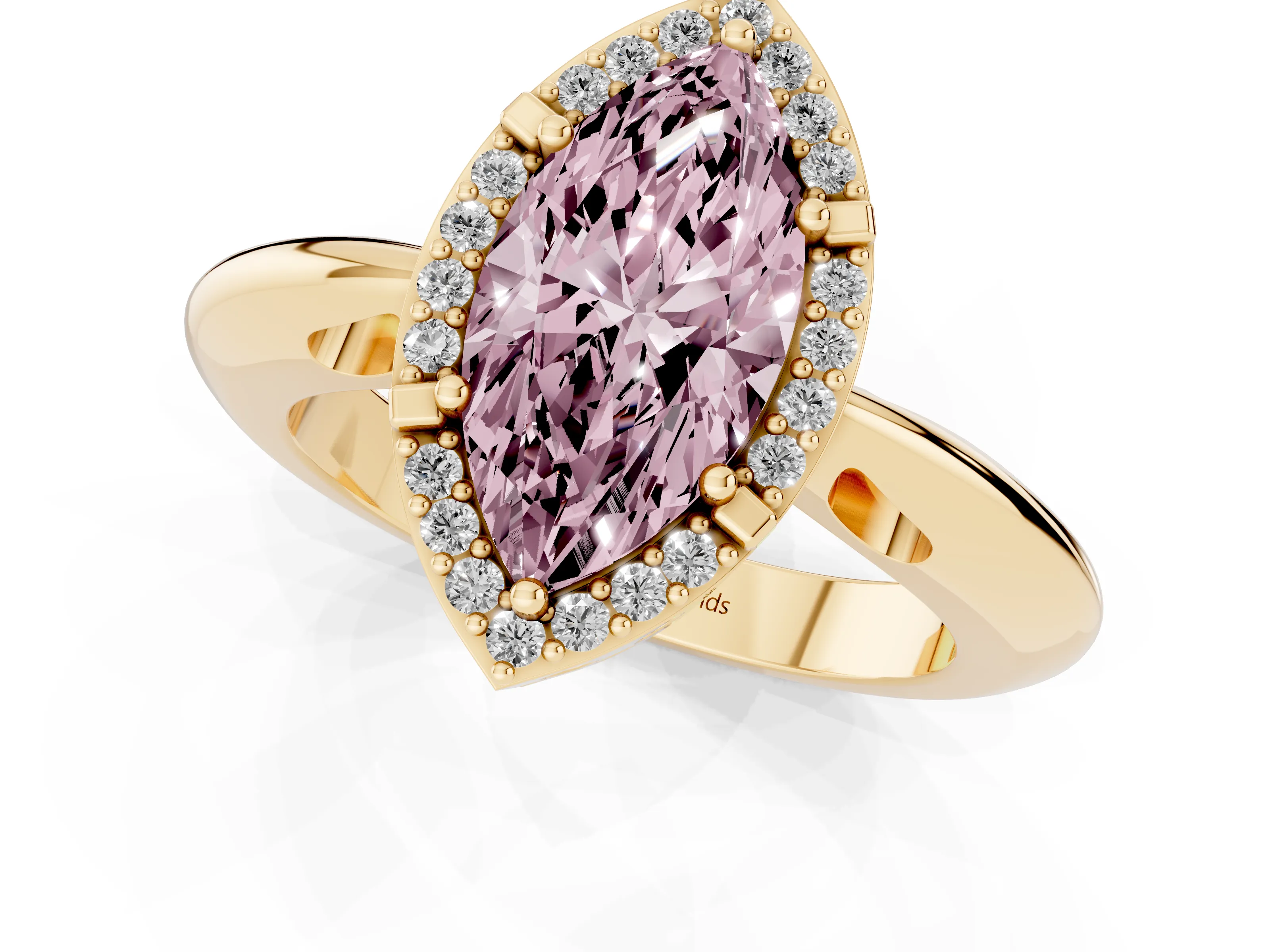 Fancy Pink Marquise Cut Diamond Halo Engagement Ring Set in Yellow gold with Plain Split Shank and Prong Setting