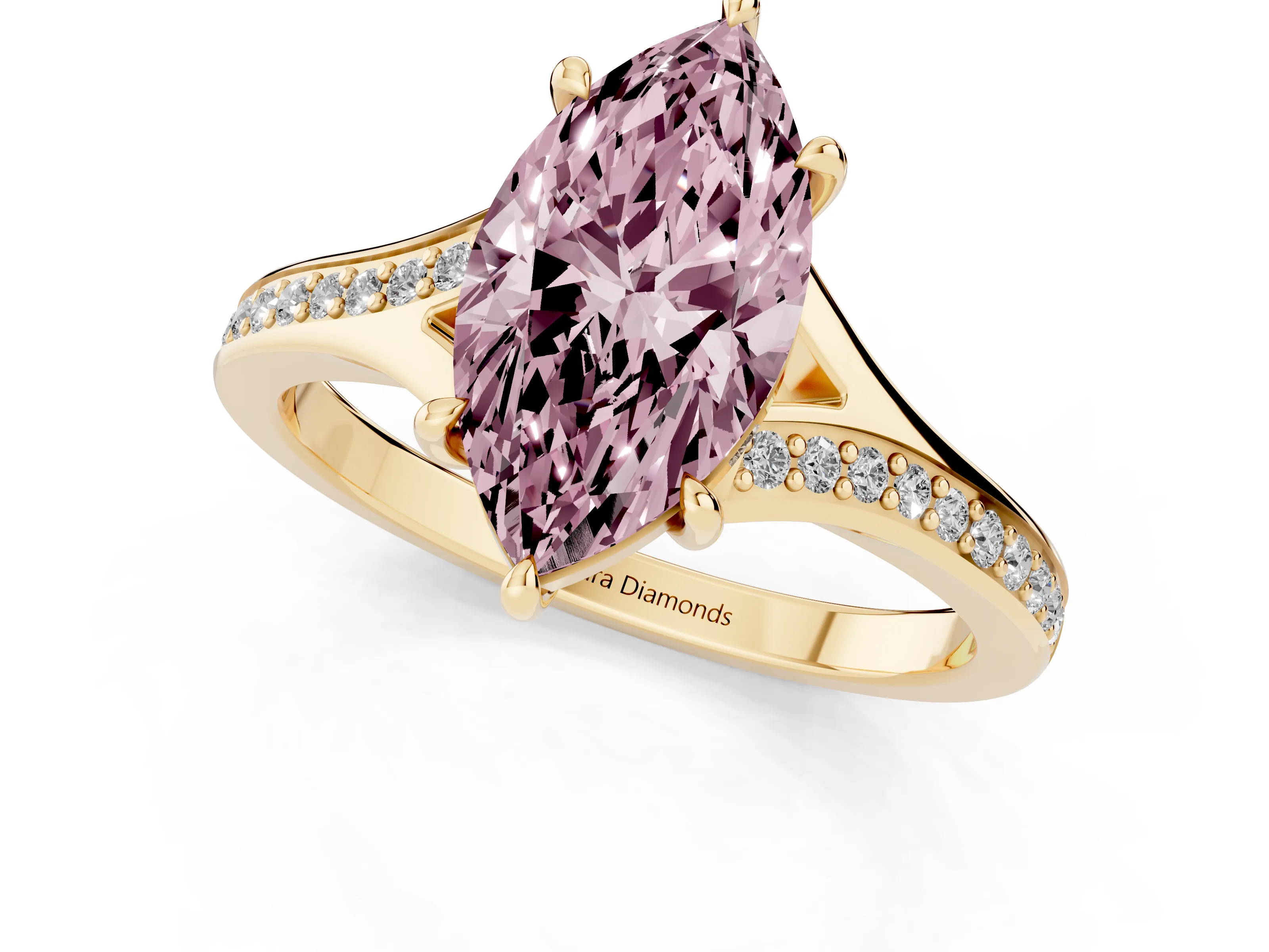 Fancy Pink Marquise Cut Diamond Solitaire Ring Set in Yellow gold with Pavé Accent Band and Classic Prong Setting