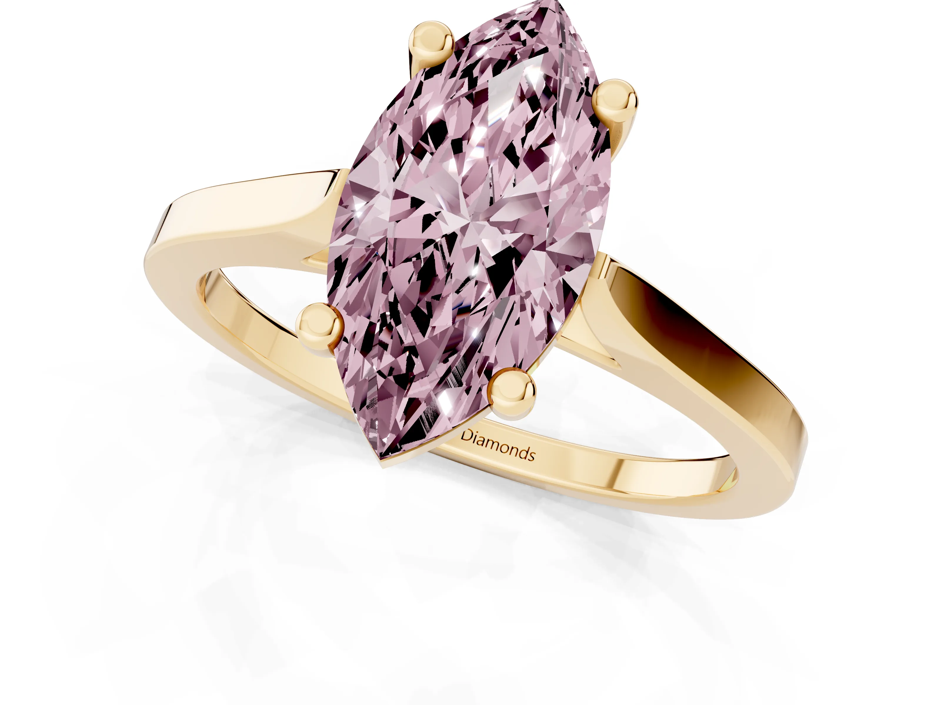 Fancy Pink Marquise Cut Diamond Solitaire Ring Set in Yellow gold with Prong Setting and Tapered Band