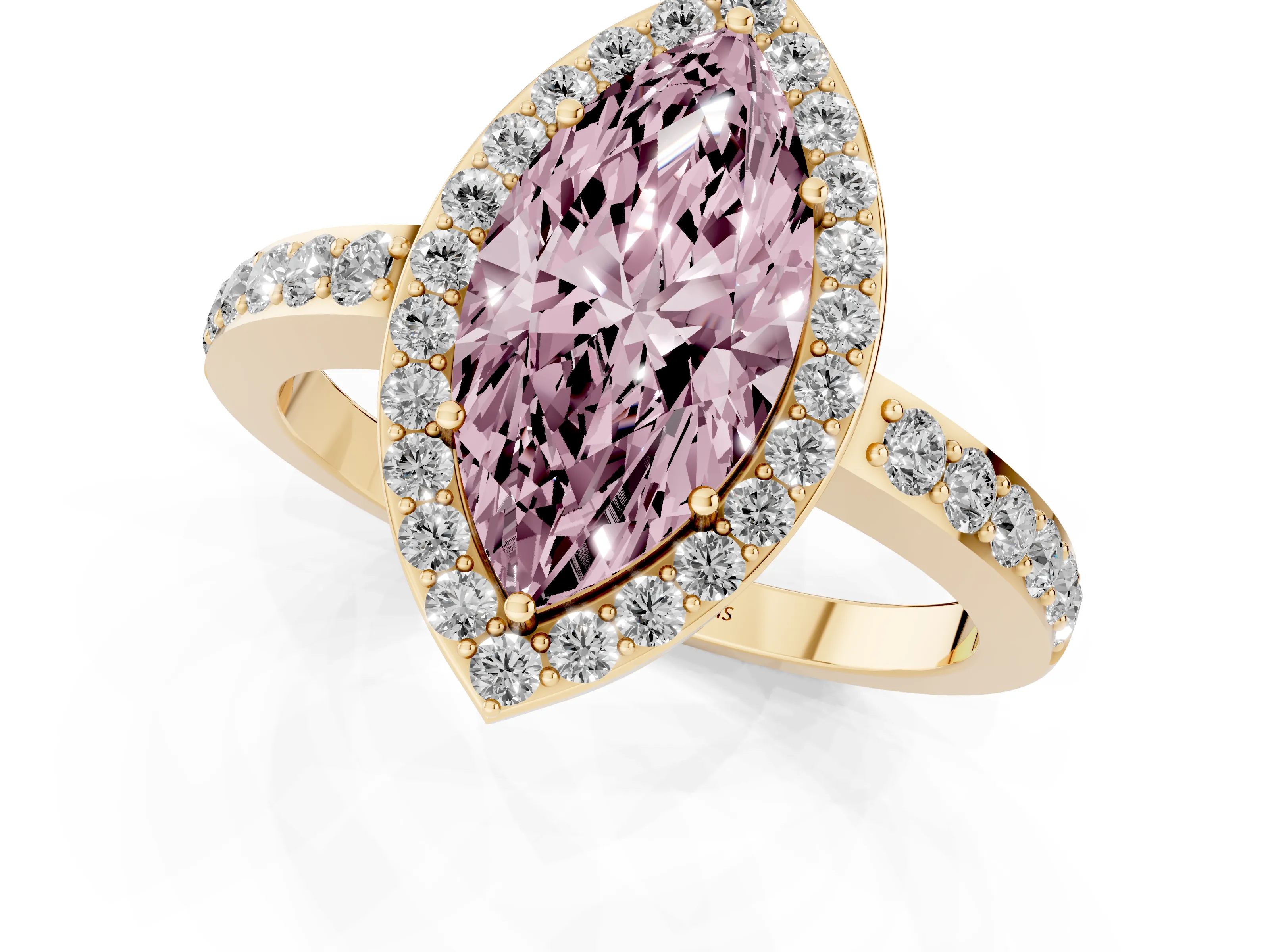 Fancy Pink Marquise Cut Diamond Halo Ring Set in Yellow gold with Pavé-Setting Band and Open Prong Center