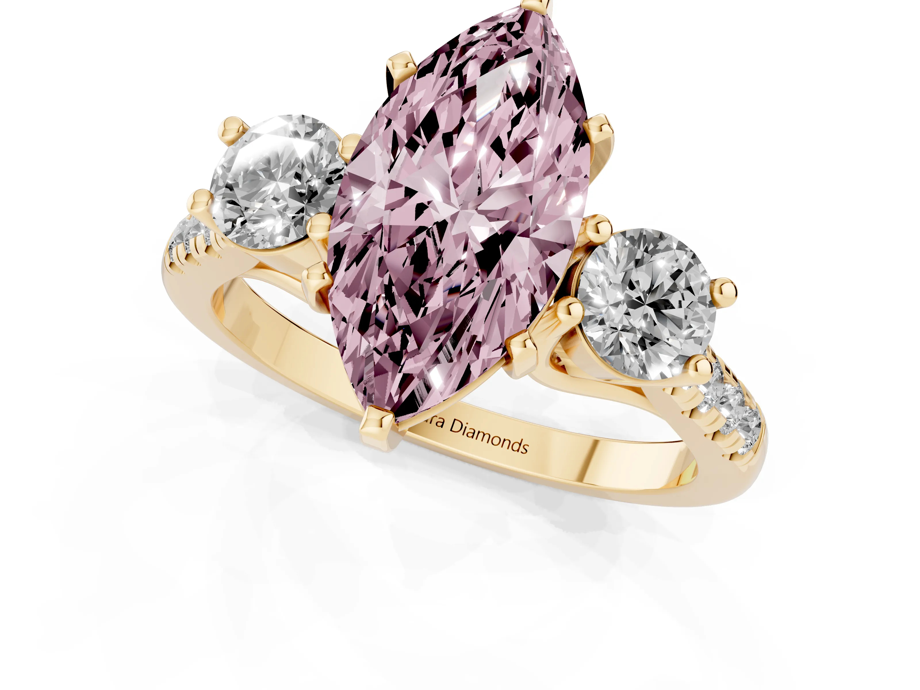 Fancy Pink Three-Stone Marquise Cut Diamond Pavé Band Ring Set in Yellow gold with Prong-Set Trio